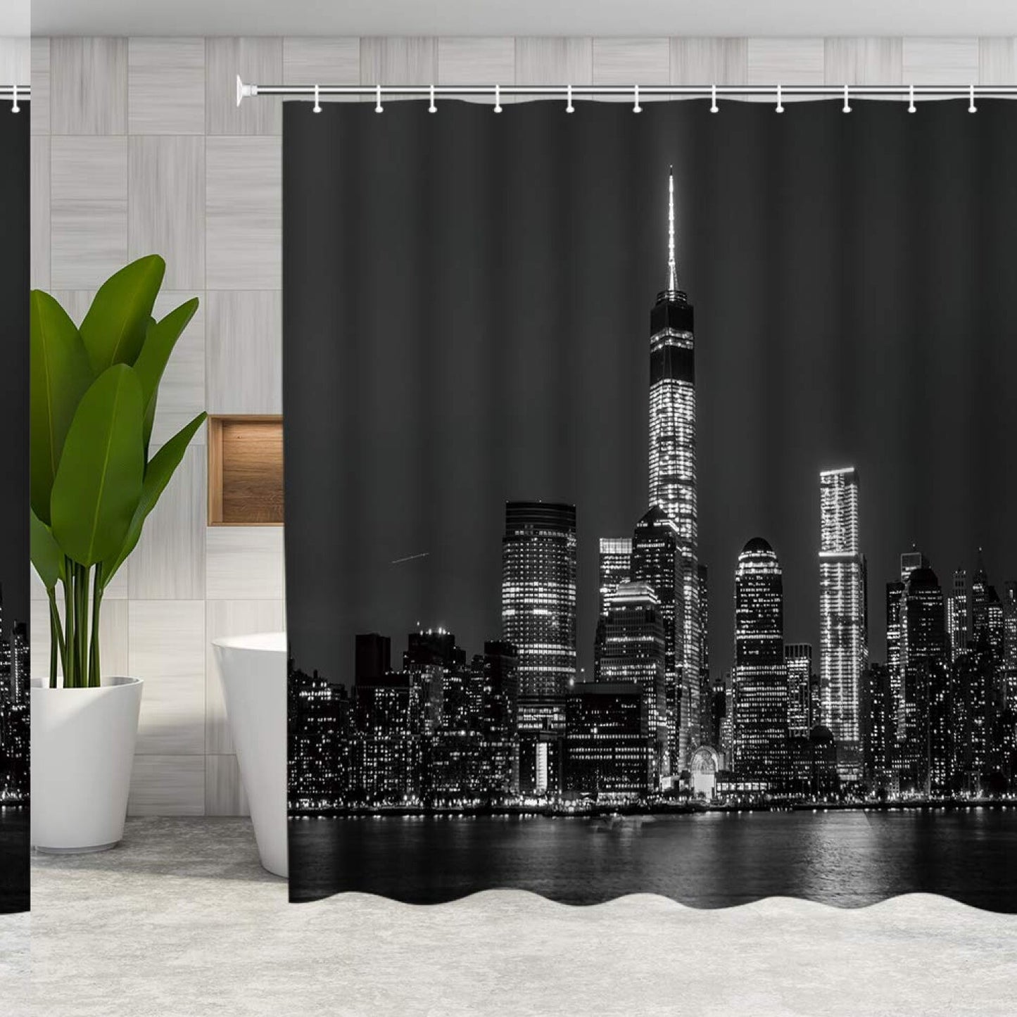 Black Night City Shower Curtain 72x72 Inches with Hooks
