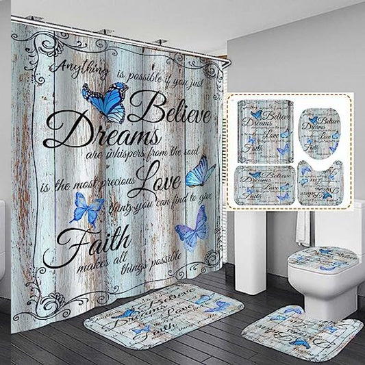 Blue Butterfly Shower Curtain 4PCS Set with Bath Rugs