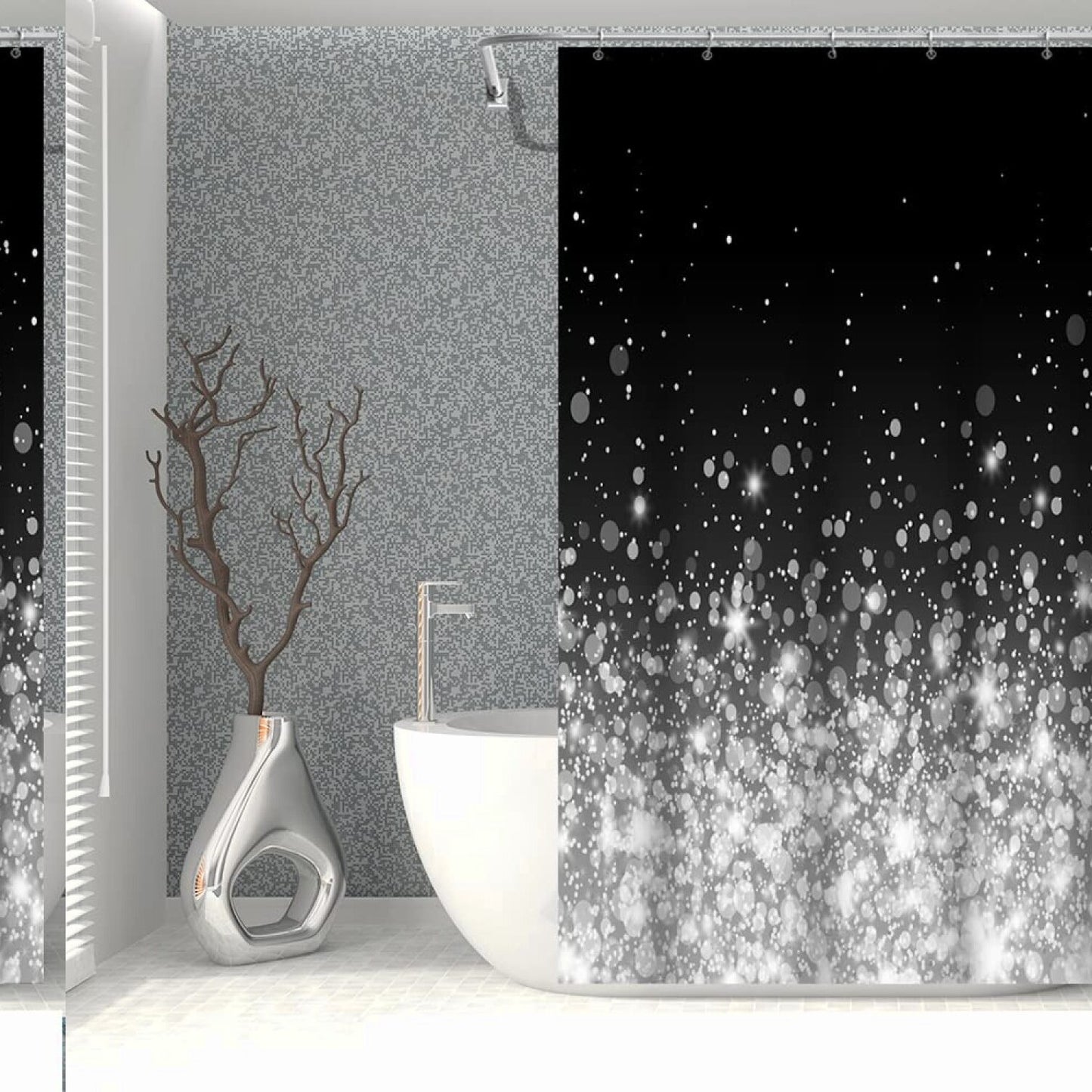 48x72inch Sparkly Dots Shower Curtain Black White Waterproof Fabric