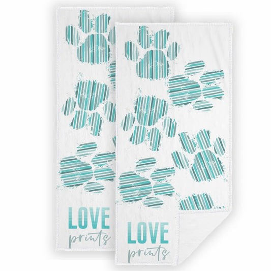 2 Pcs Dog Paw Print Hand Towels 14x30 Inch Teal White