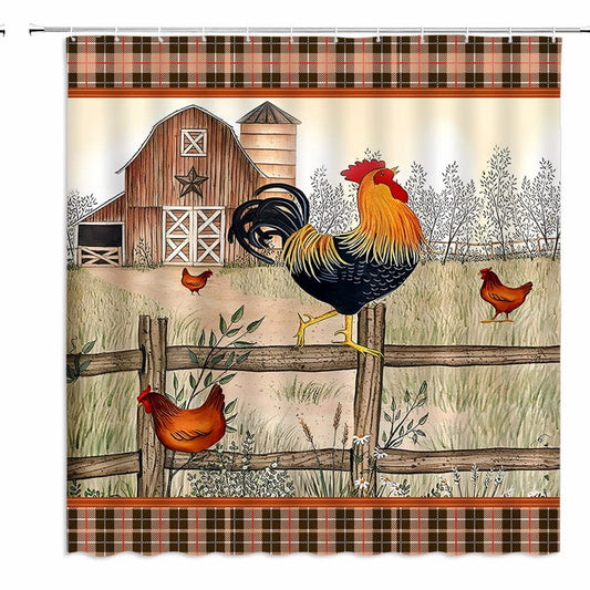 Rustic Farmhouse Chicken Shower Curtain Beige Brown