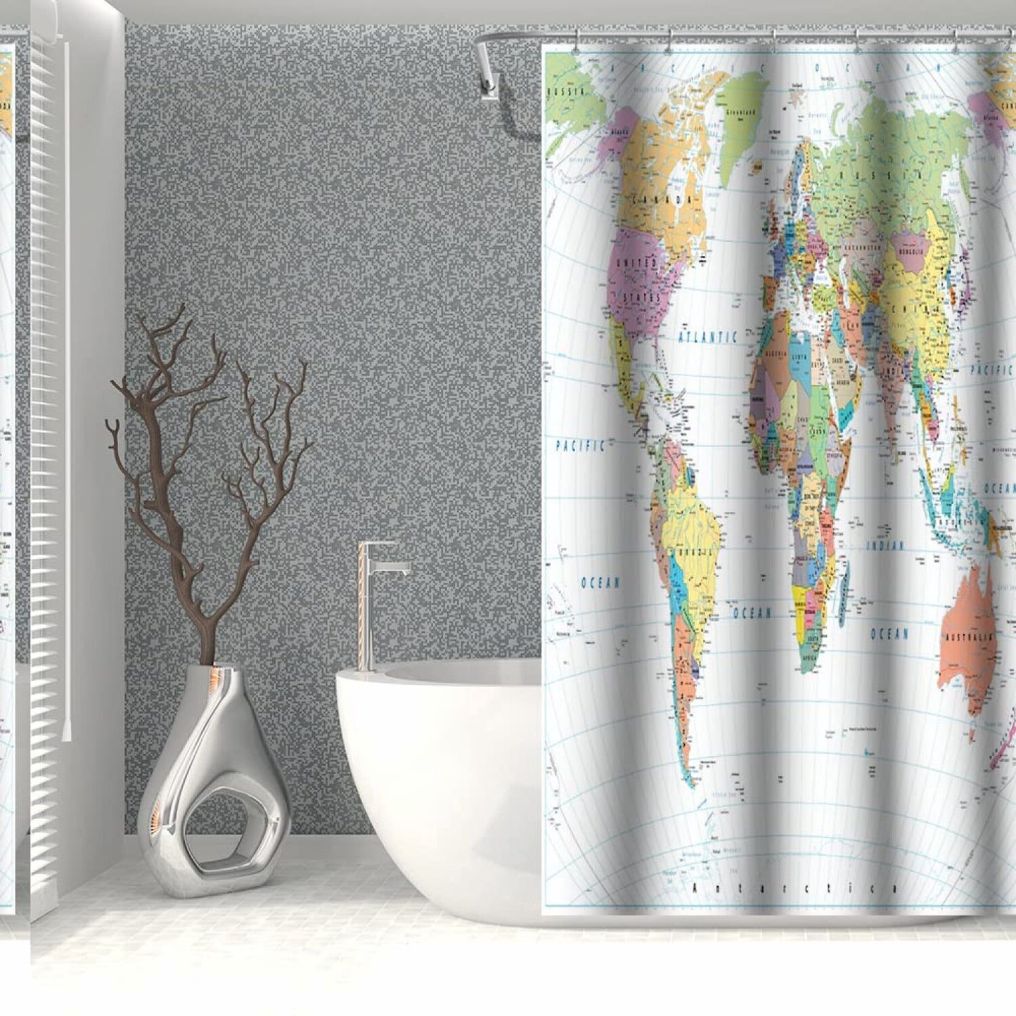 36x72inch World Map Shower Curtain with Hooks