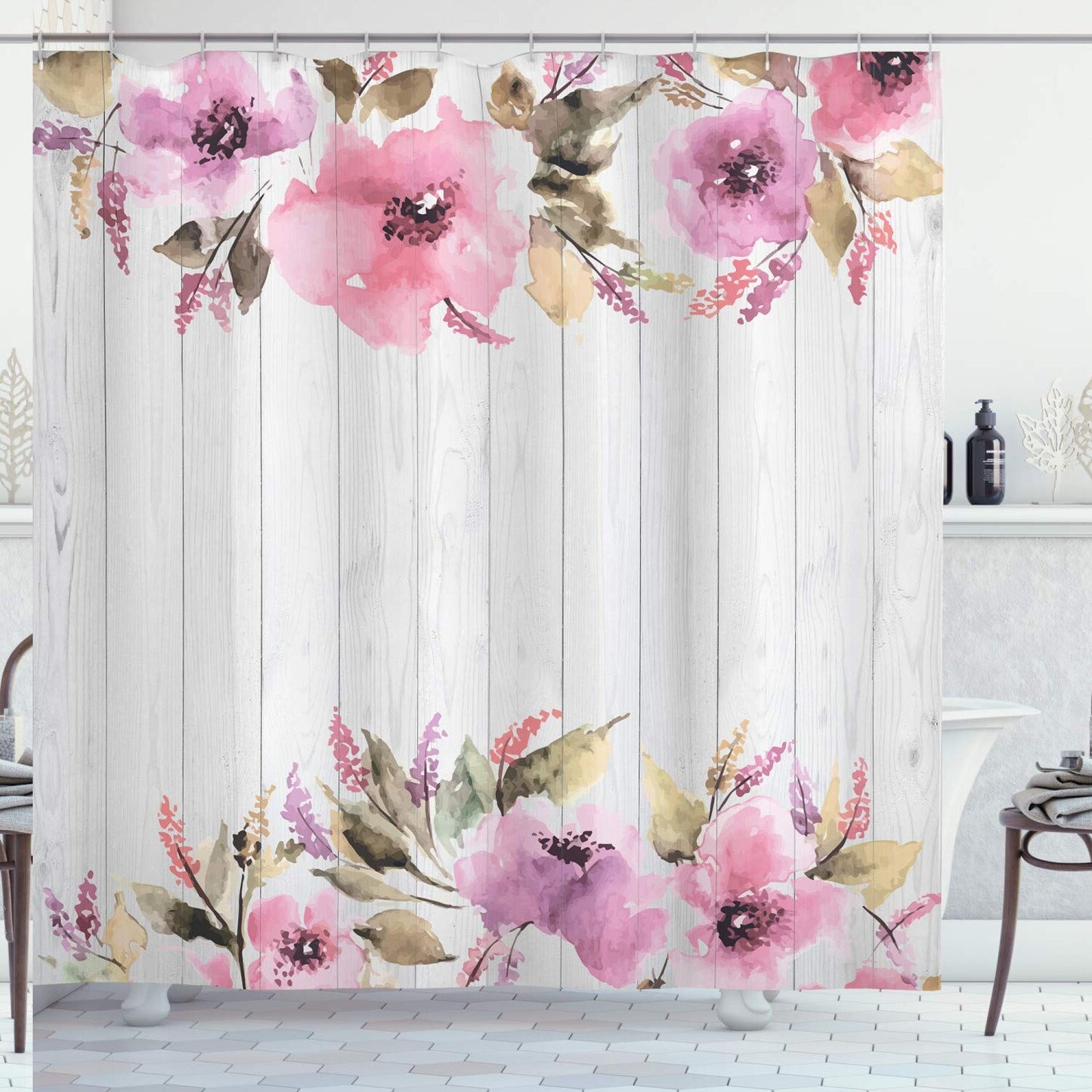Rustic Watercolored Geranium Shower Curtain 69x70 inches