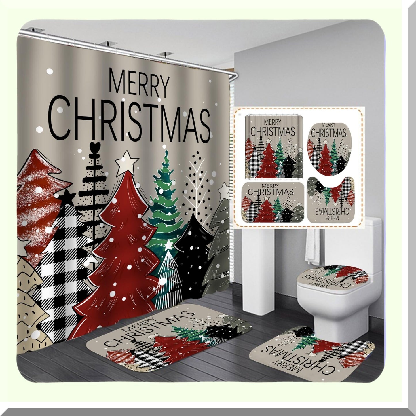 Shower Curtain Set with Rugs, Xmas Tree Snowflake