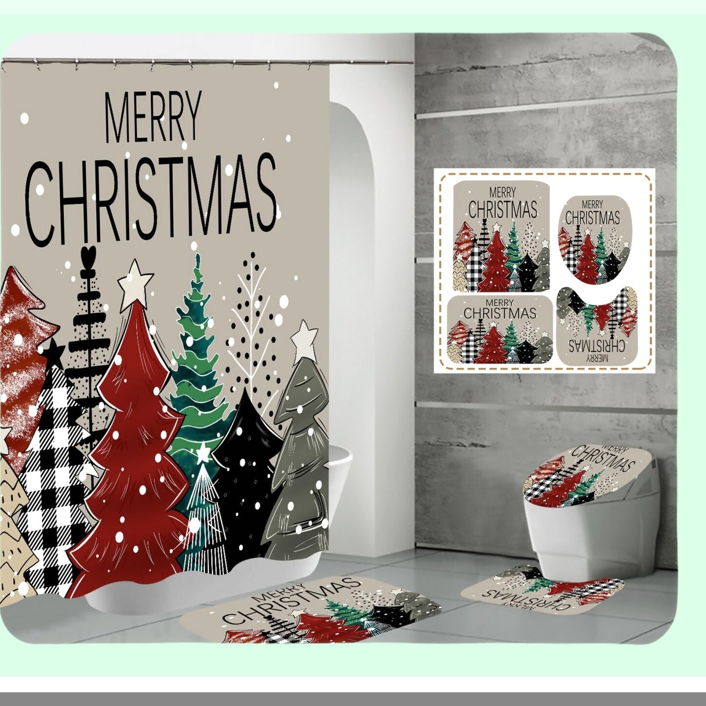 Shower Curtain Set with Rugs, Xmas Tree Snowflake