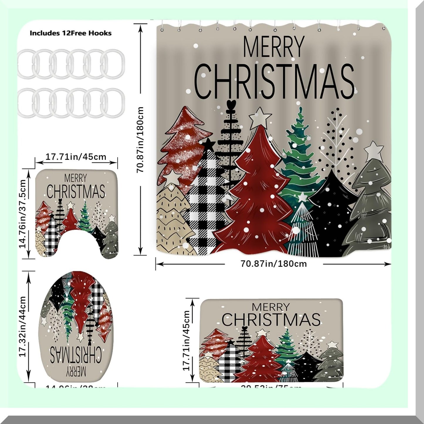 Shower Curtain Set with Rugs, Xmas Tree Snowflake