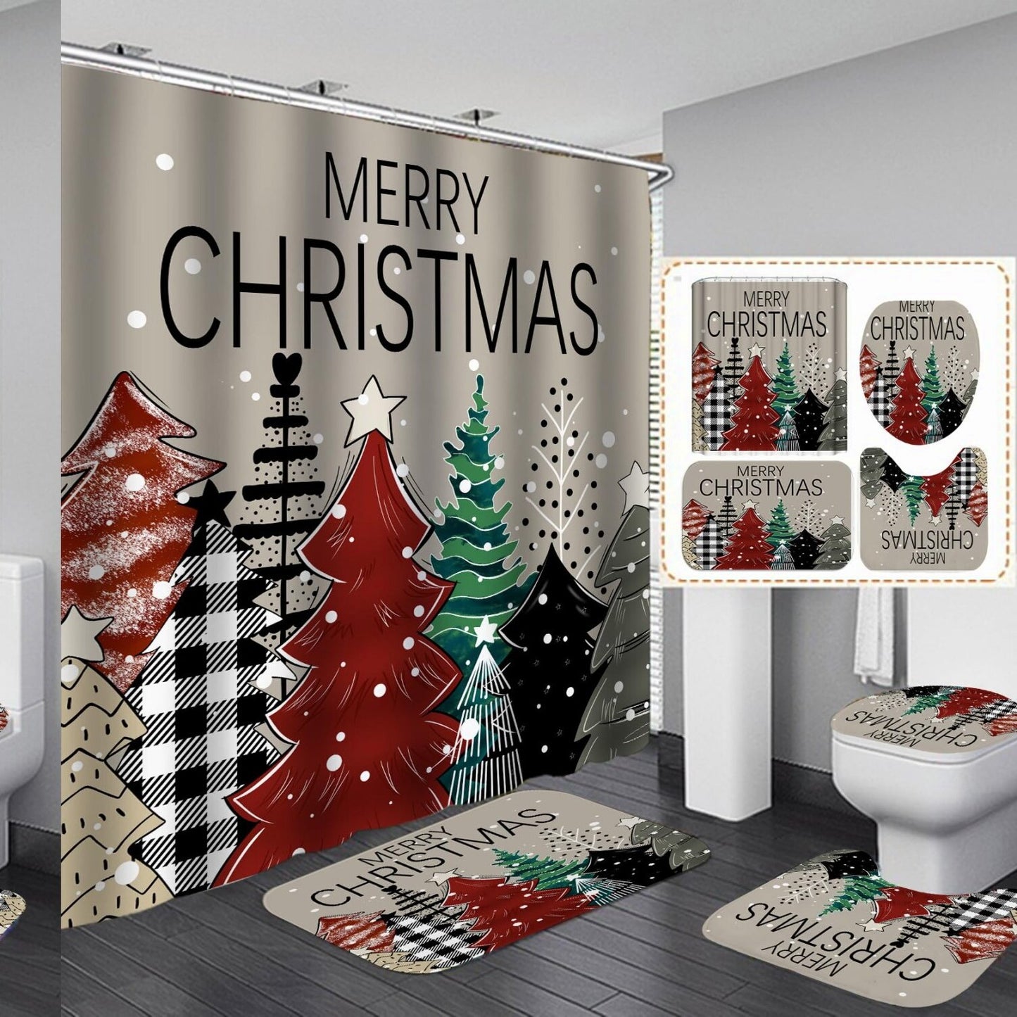 Shower Curtain Set with Rugs, Xmas Tree Snowflake