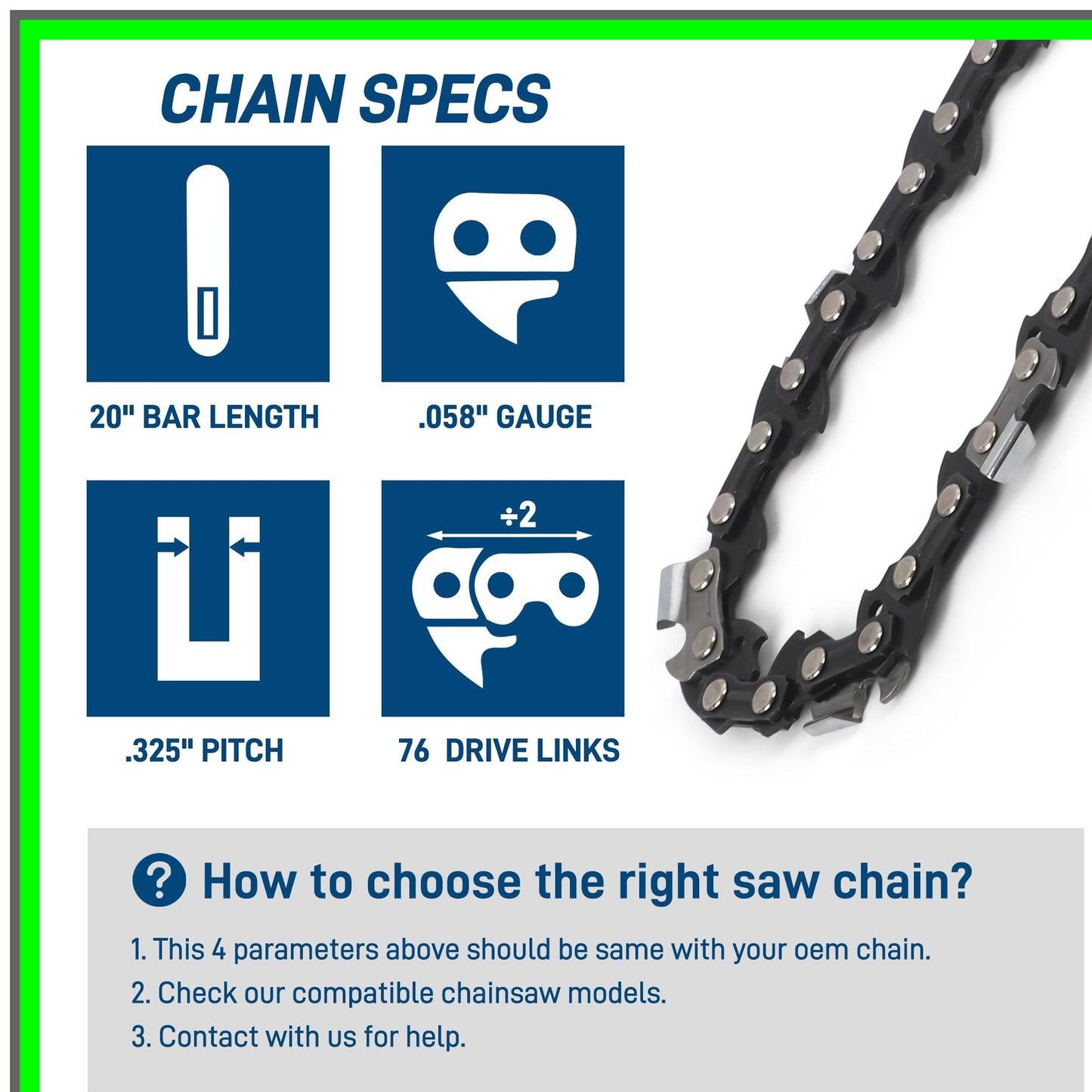 Durable 20 Inch Chainsaw Chain Set for Stihl, Blue Max, Oregon Compatibility