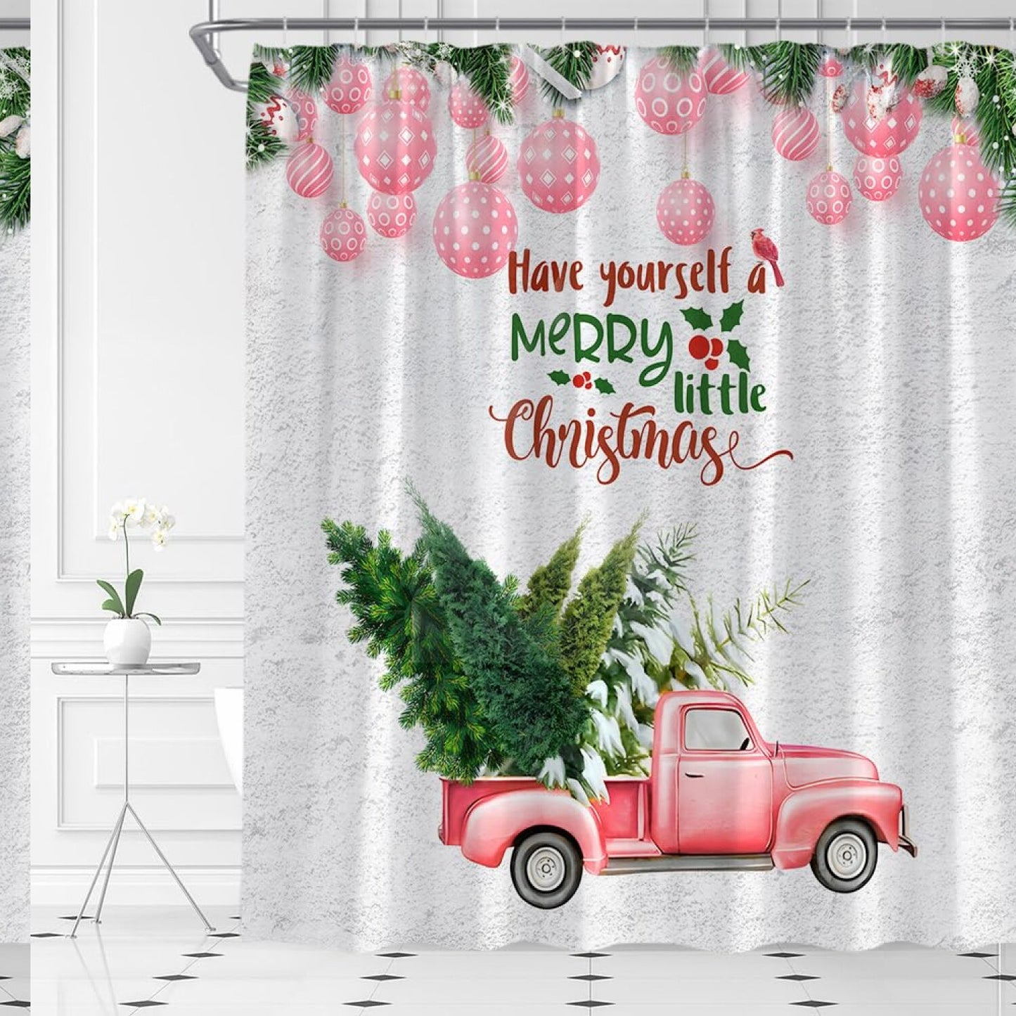 Truck Shower Curtain Pink Xmas Ball Retro Car 70x70 inches