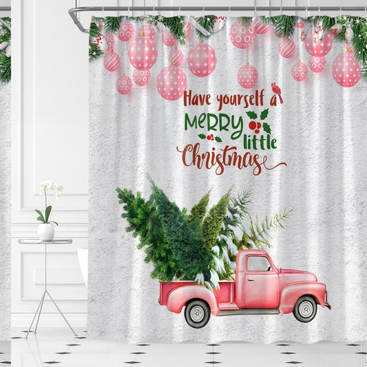 Truck Shower Curtain Pink Xmas Ball Retro Car 70x70 inches