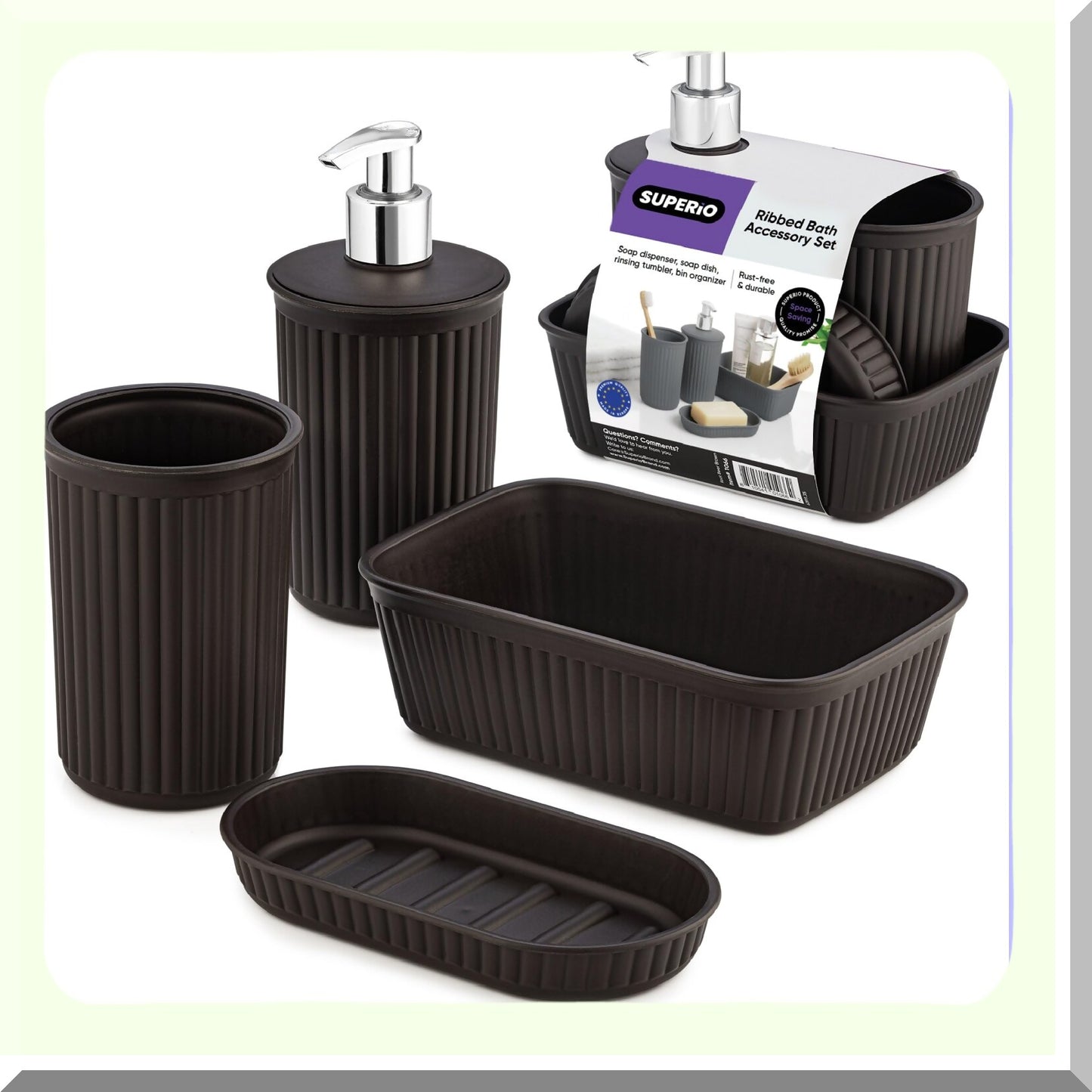 Ribbed Brown Plastic Bathroom Accessories Set