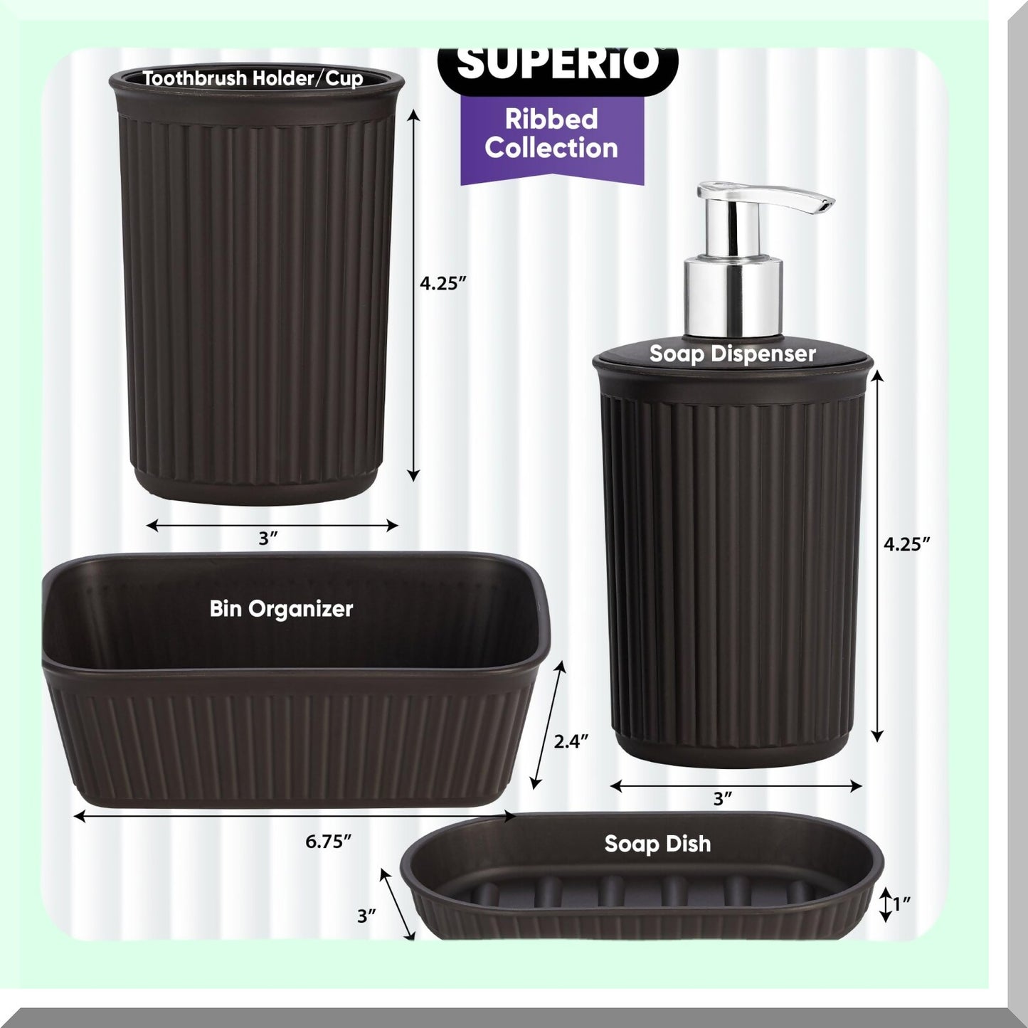 Ribbed Brown Plastic Bathroom Accessories Set