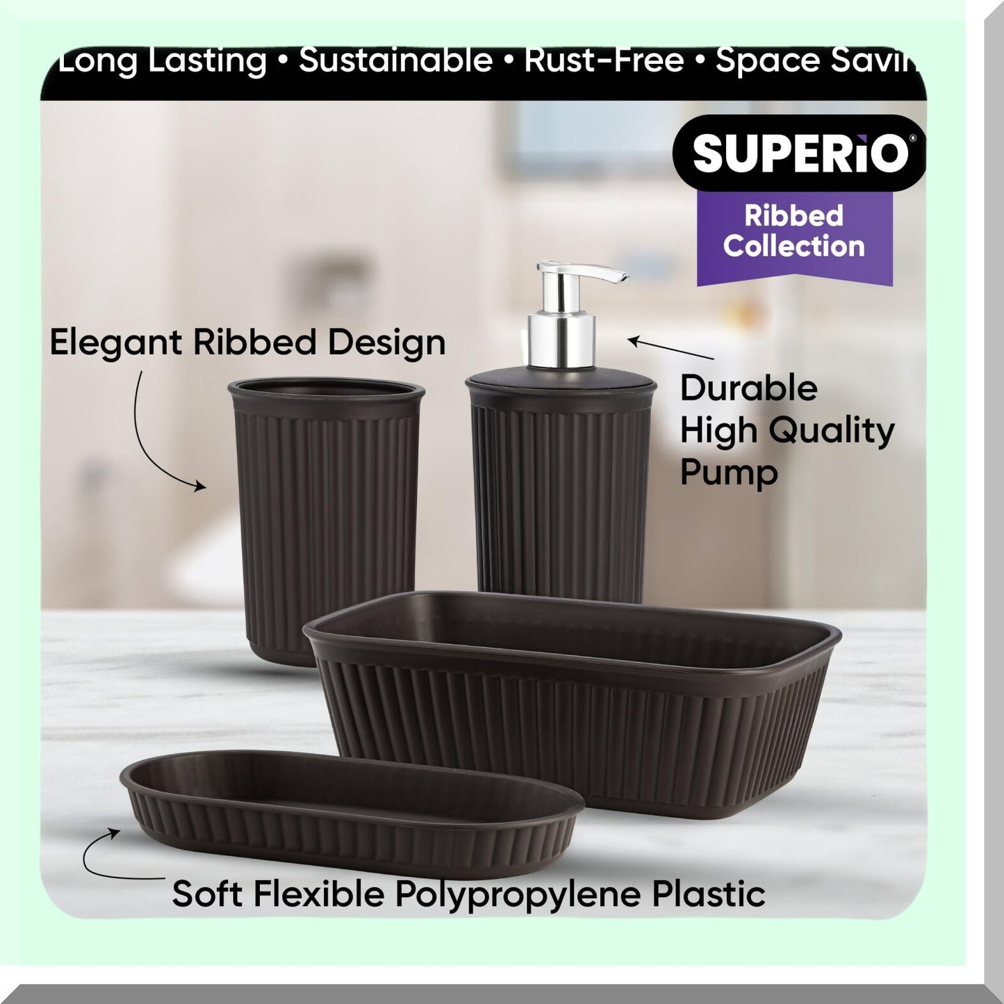 Ribbed Brown Plastic Bathroom Accessories Set