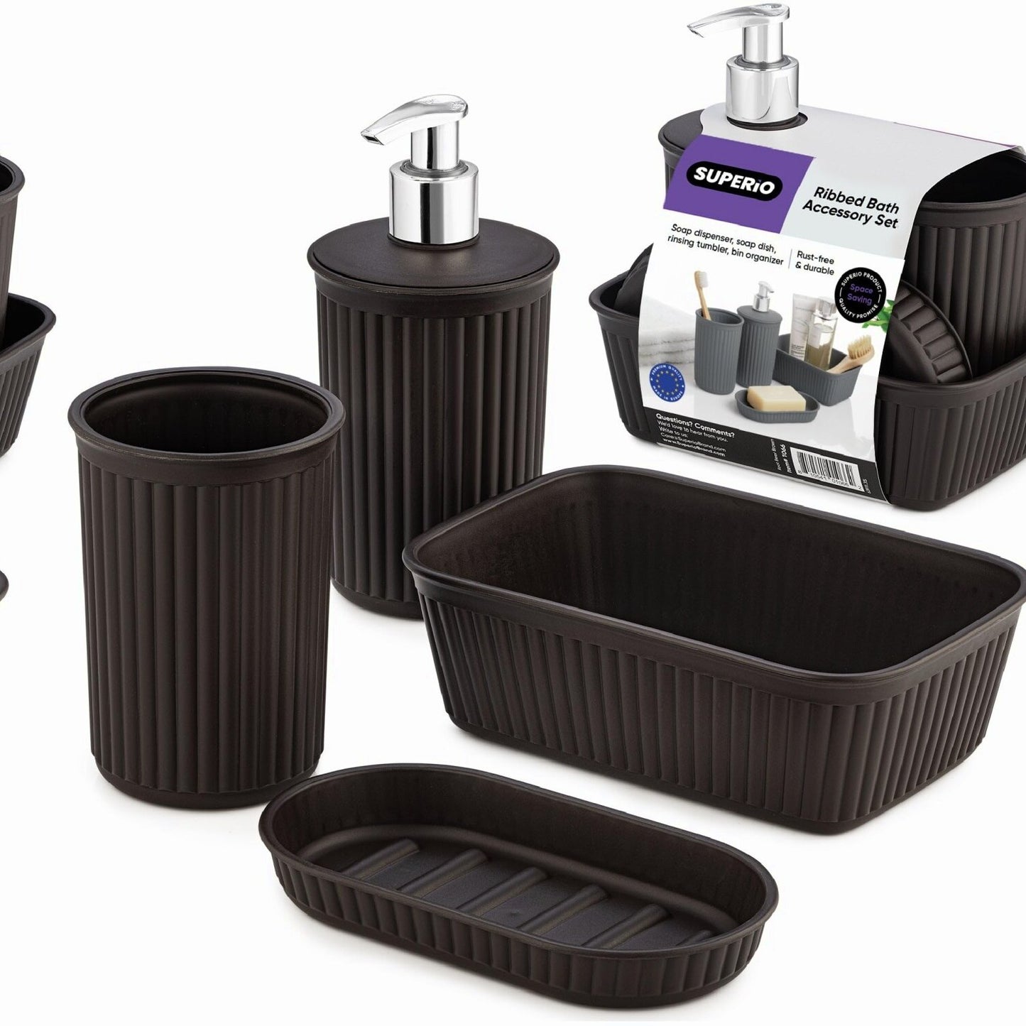 Ribbed Brown Plastic Bathroom Accessories Set