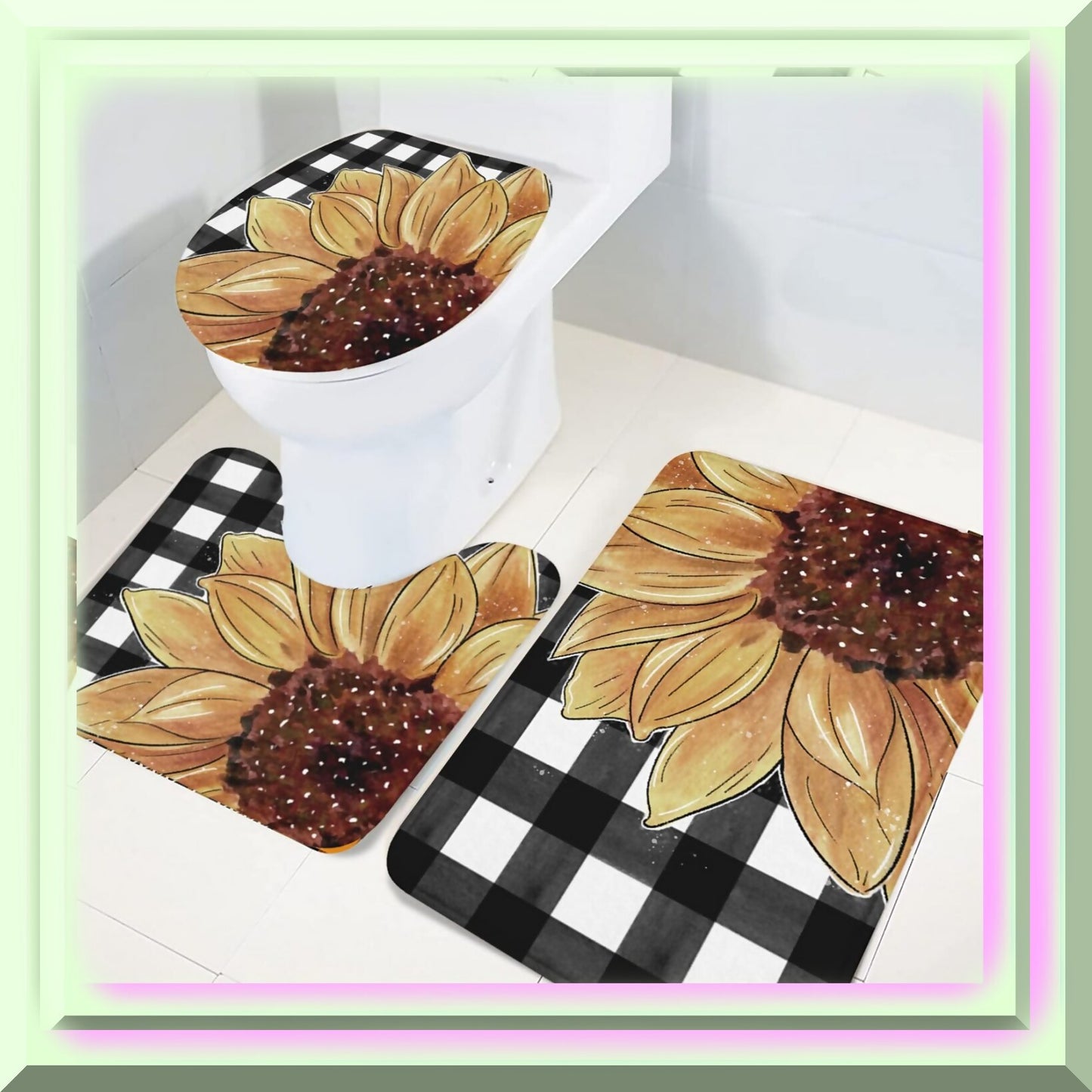 Vintage Black White Buffalo Sunflowers 3-Piece Bathroom Rug Set