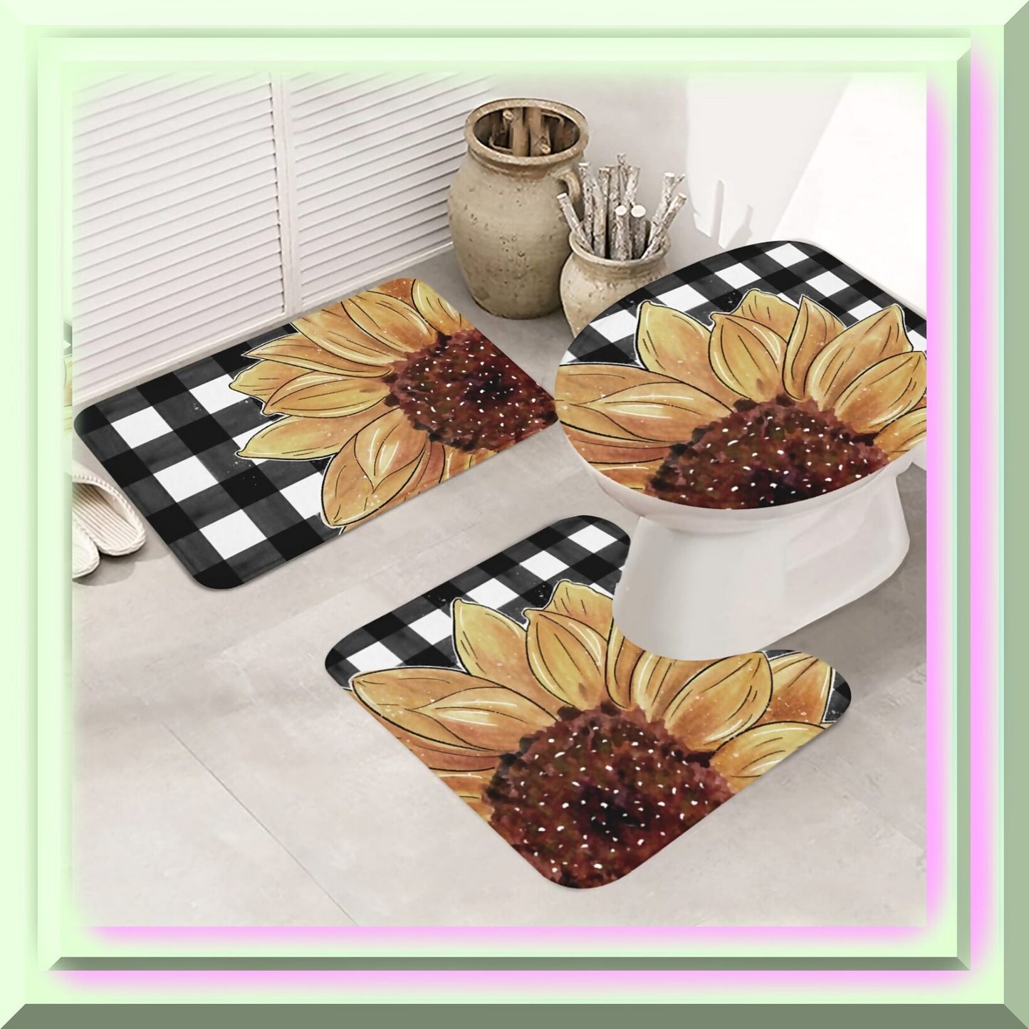 Vintage Black White Buffalo Sunflowers 3-Piece Bathroom Rug Set