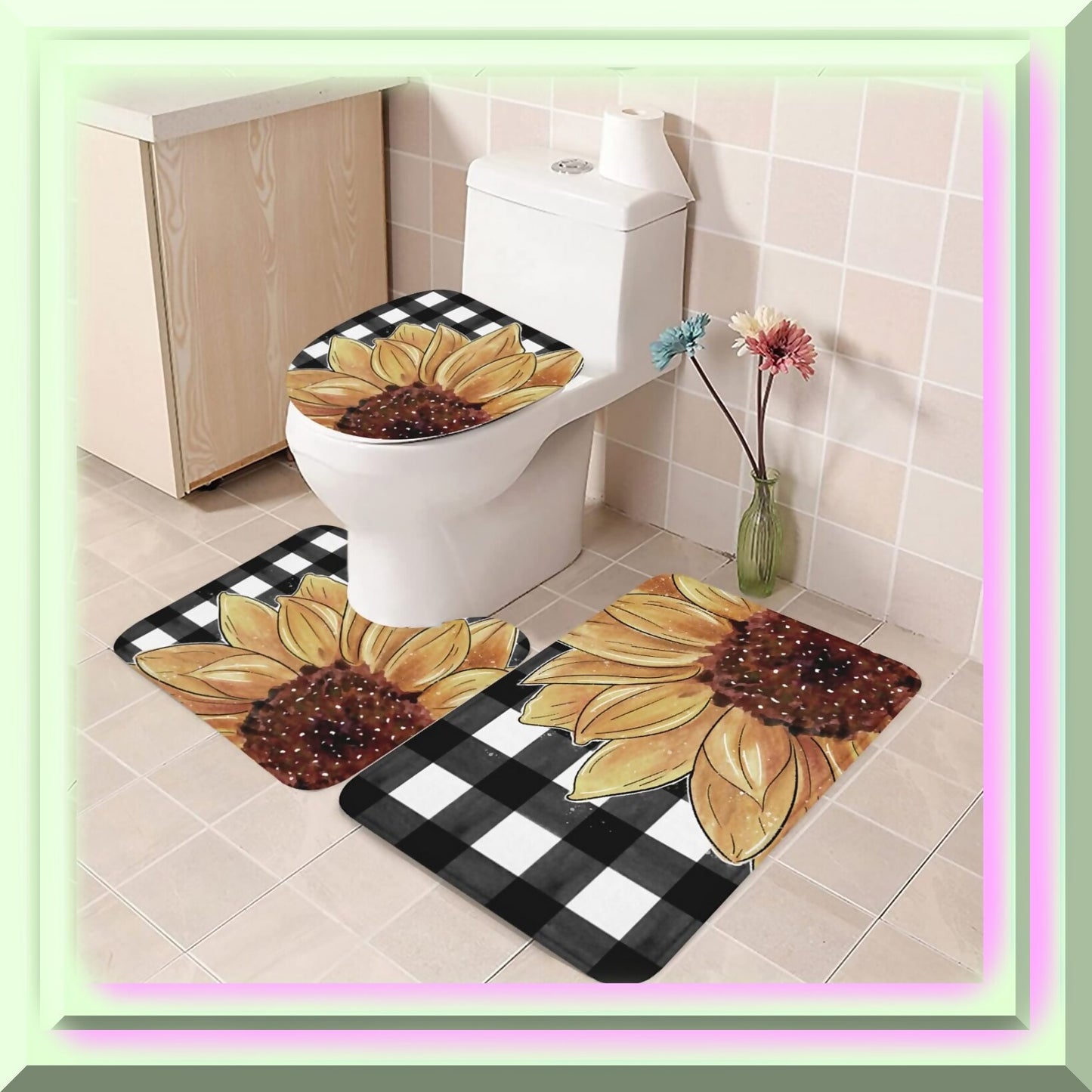Vintage Black White Buffalo Sunflowers 3-Piece Bathroom Rug Set