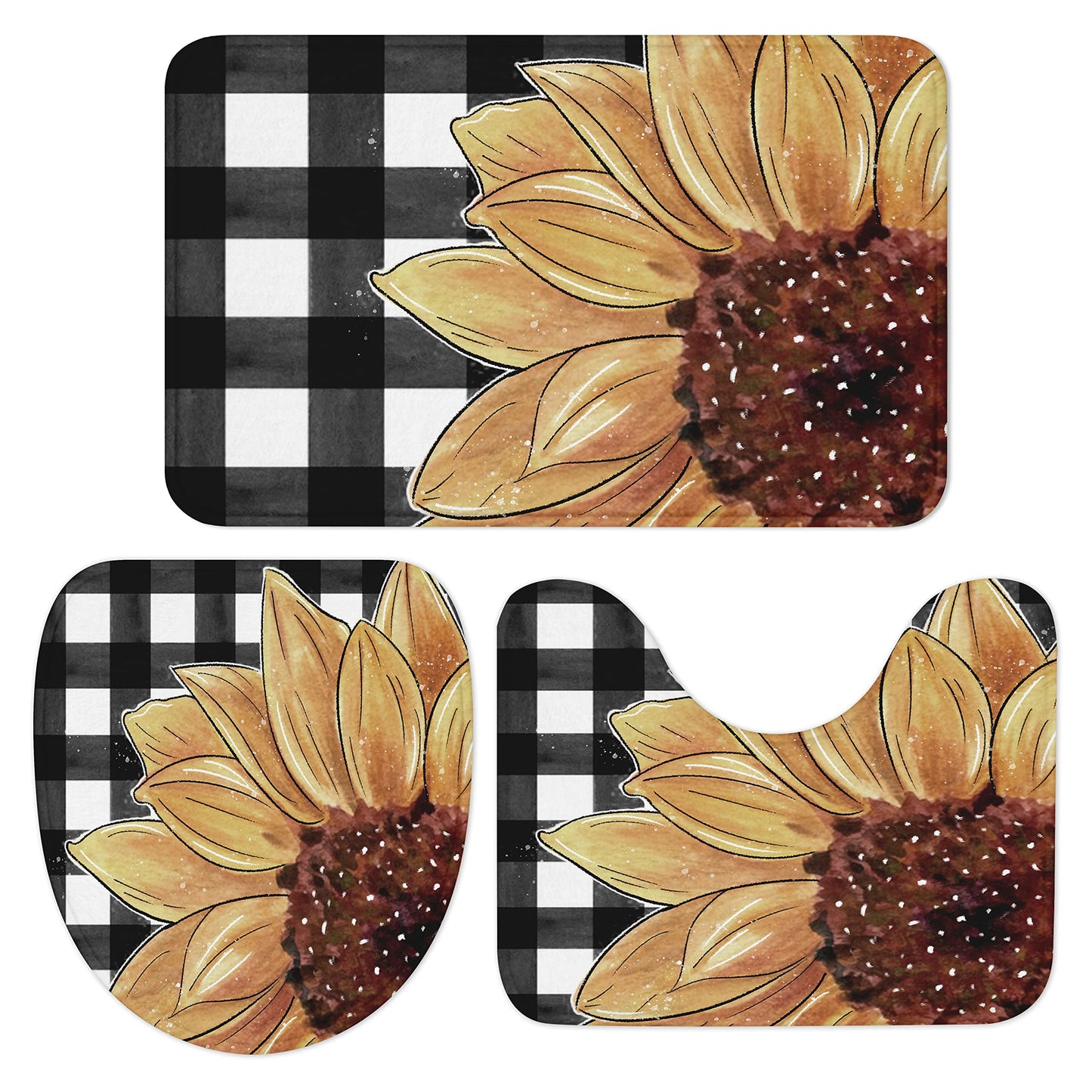 Vintage Black White Buffalo Sunflowers 3-Piece Bathroom Rug Set