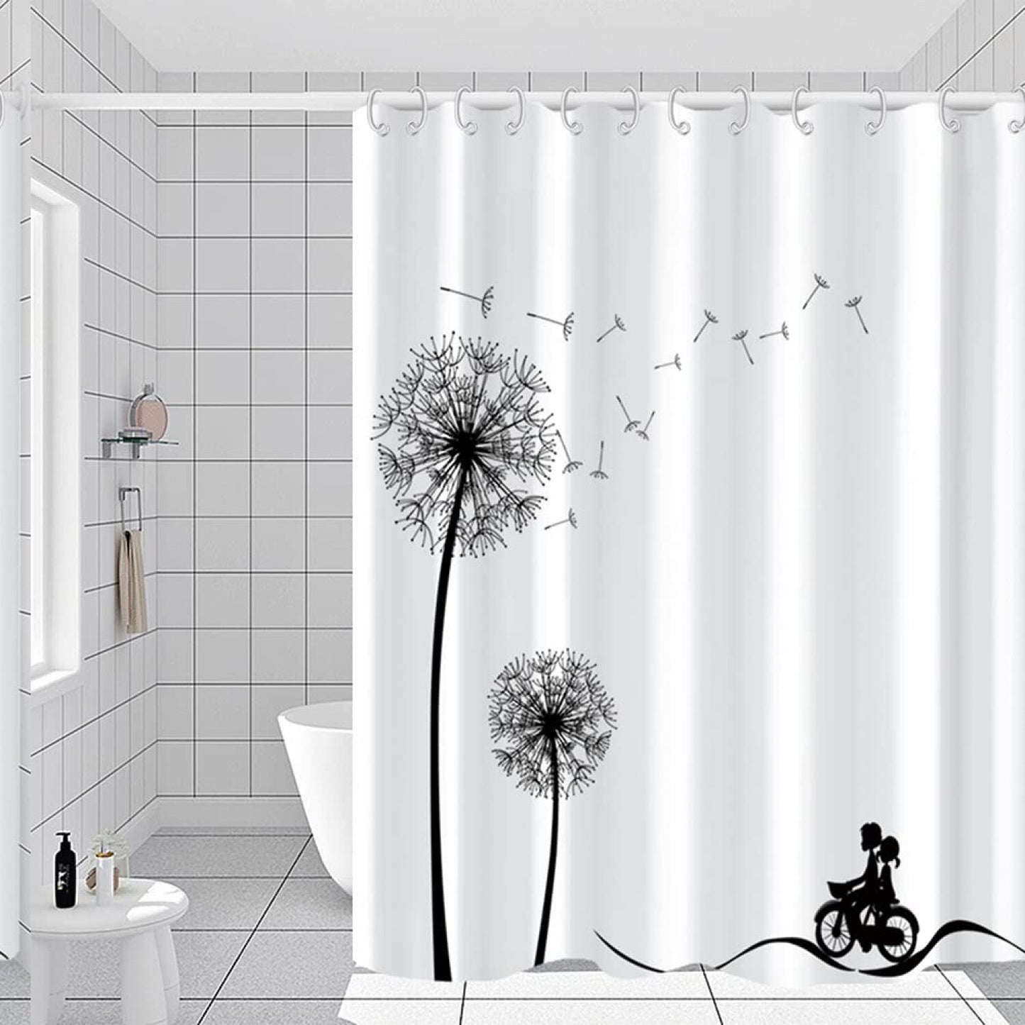 Black White Dandelion Fabric Shower Curtain 72x72 inches