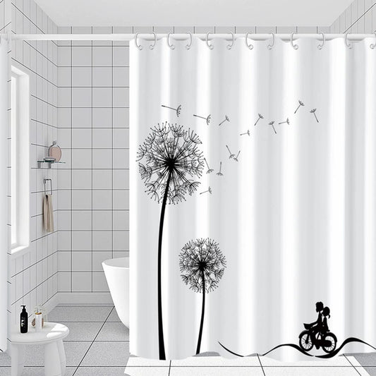 Black White Dandelion Fabric Shower Curtain 72x72 inches