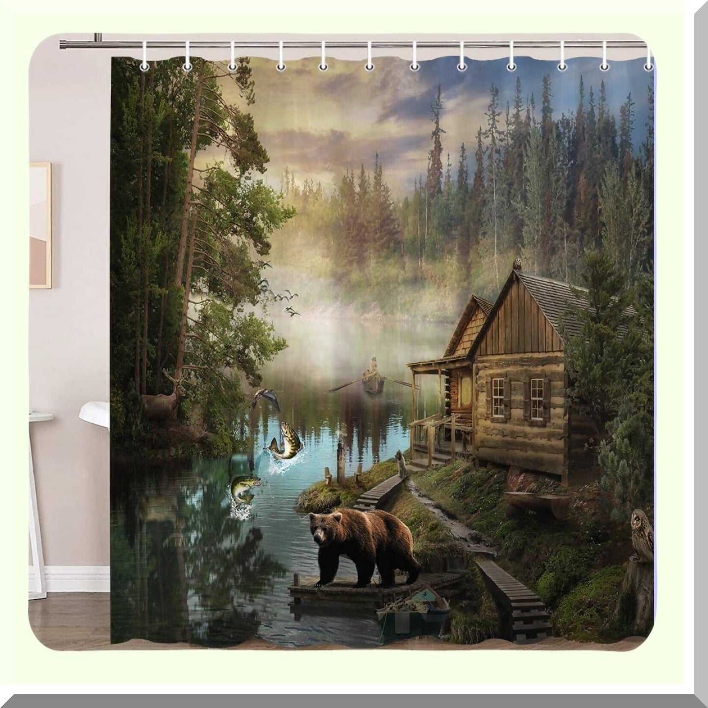 Lake House Bear Shower Curtain 36x72 Waterproof Fabric