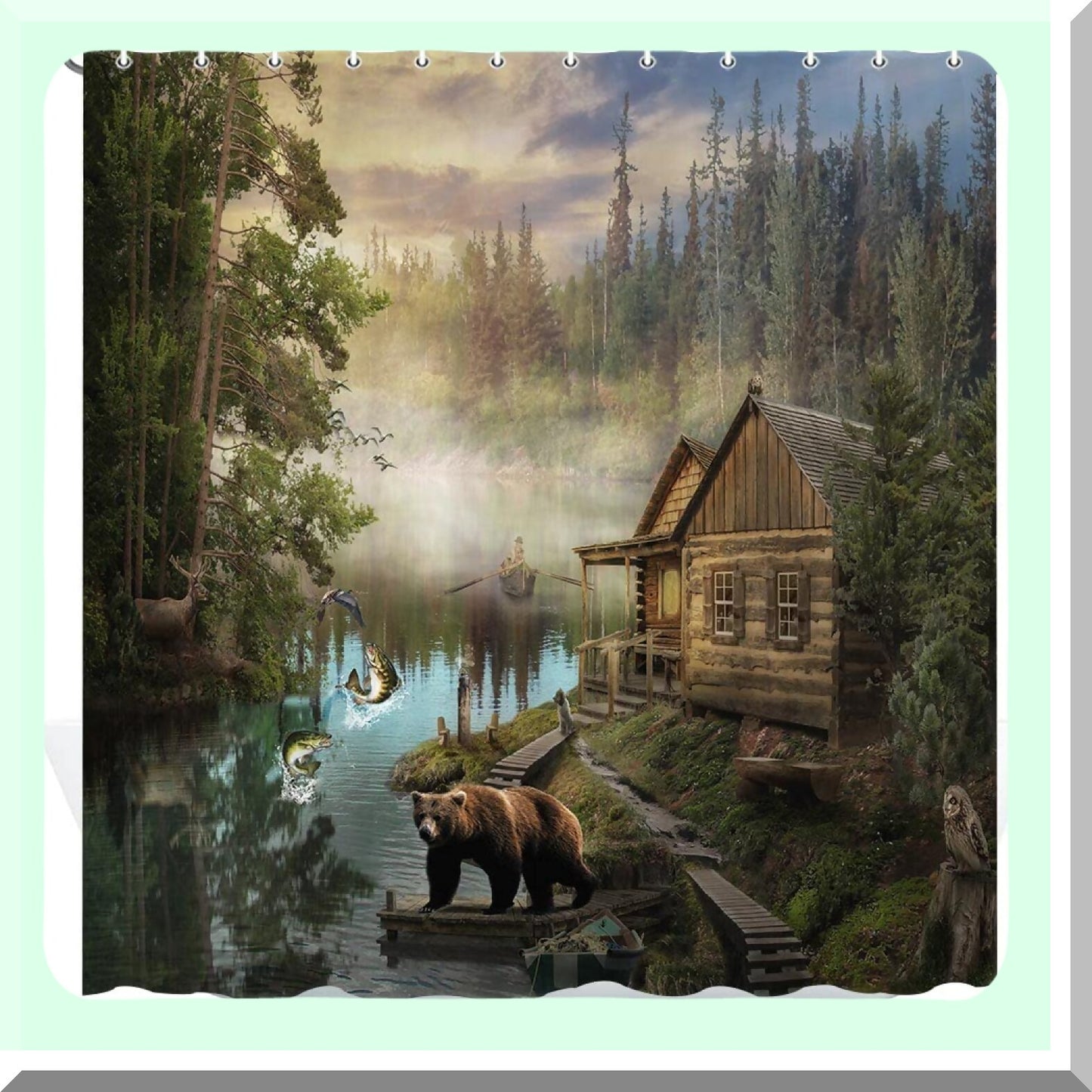 Lake House Bear Shower Curtain 36x72 Waterproof Fabric