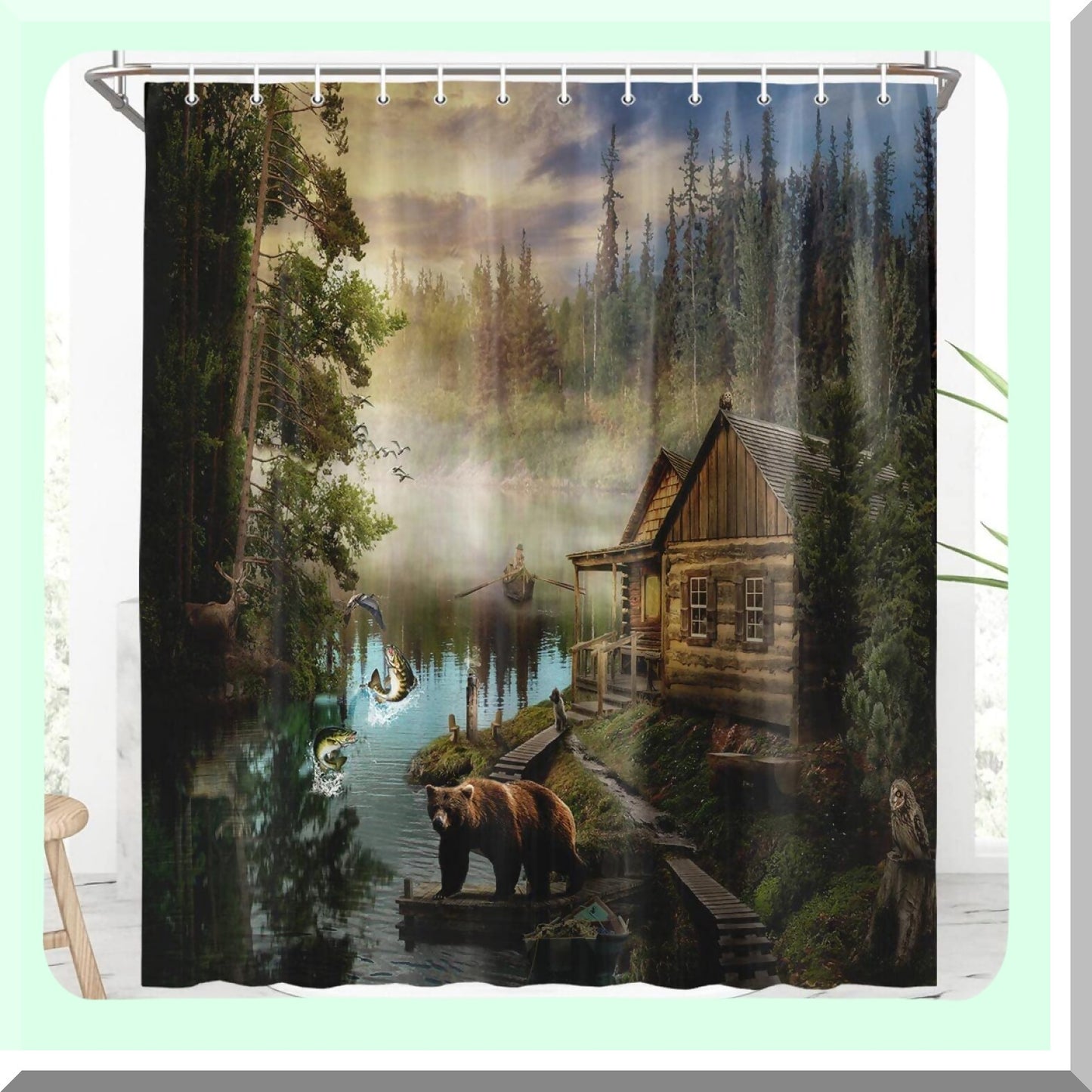 Lake House Bear Shower Curtain 36x72 Waterproof Fabric