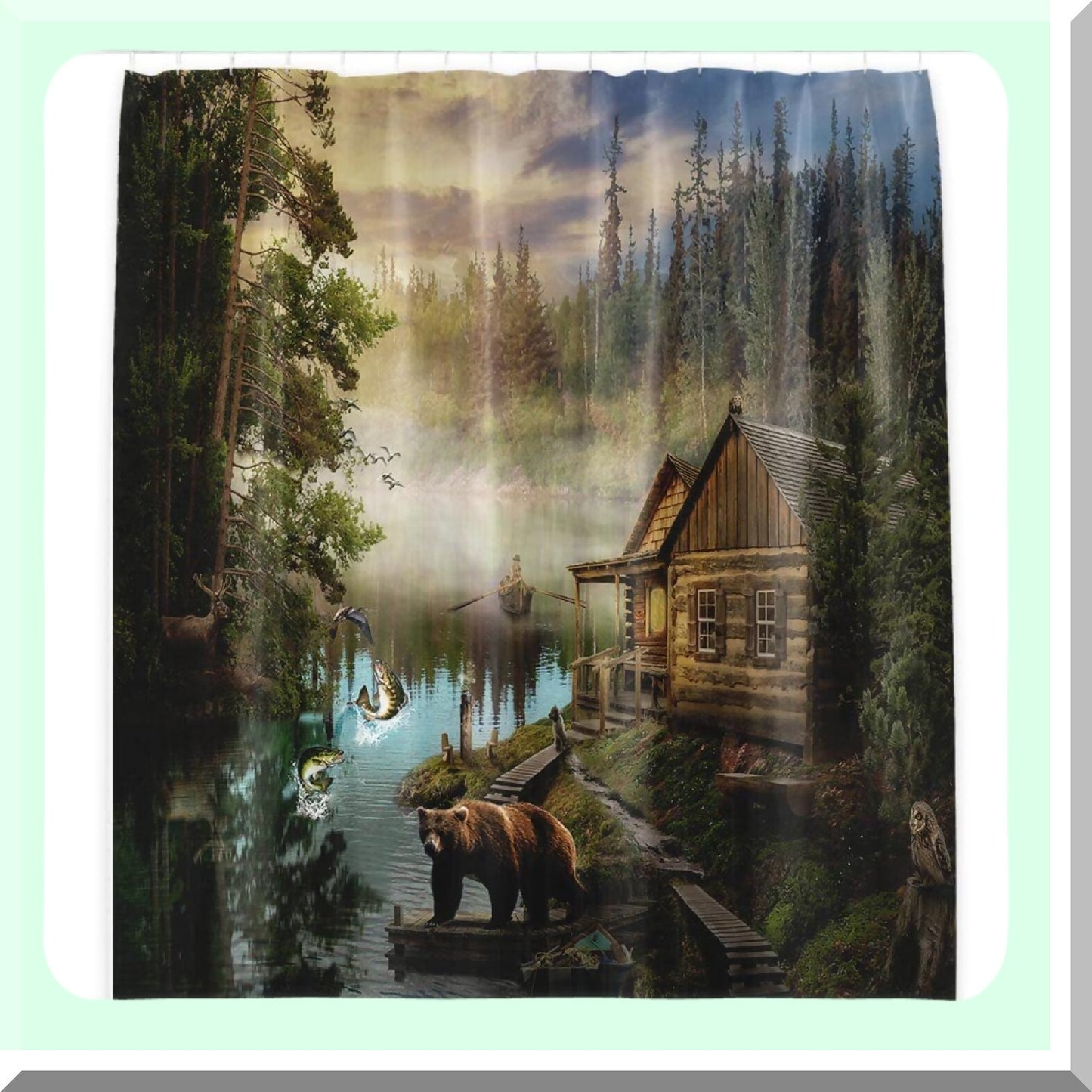 Lake House Bear Shower Curtain 36x72 Waterproof Fabric