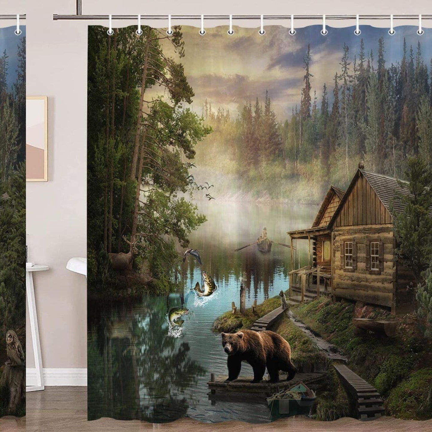 Lake House Bear Shower Curtain 36x72 Waterproof Fabric
