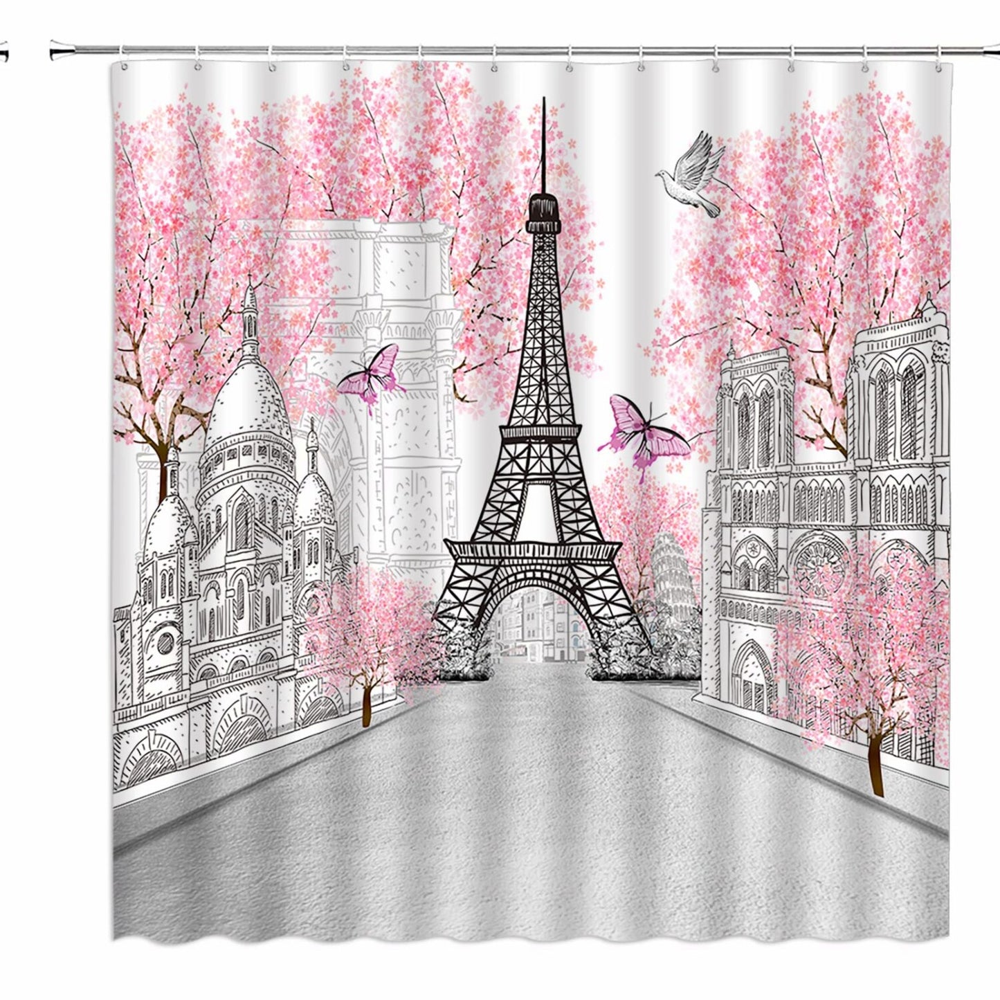Eiffel Tower Shower Curtain Pink Floral 70x70 inches