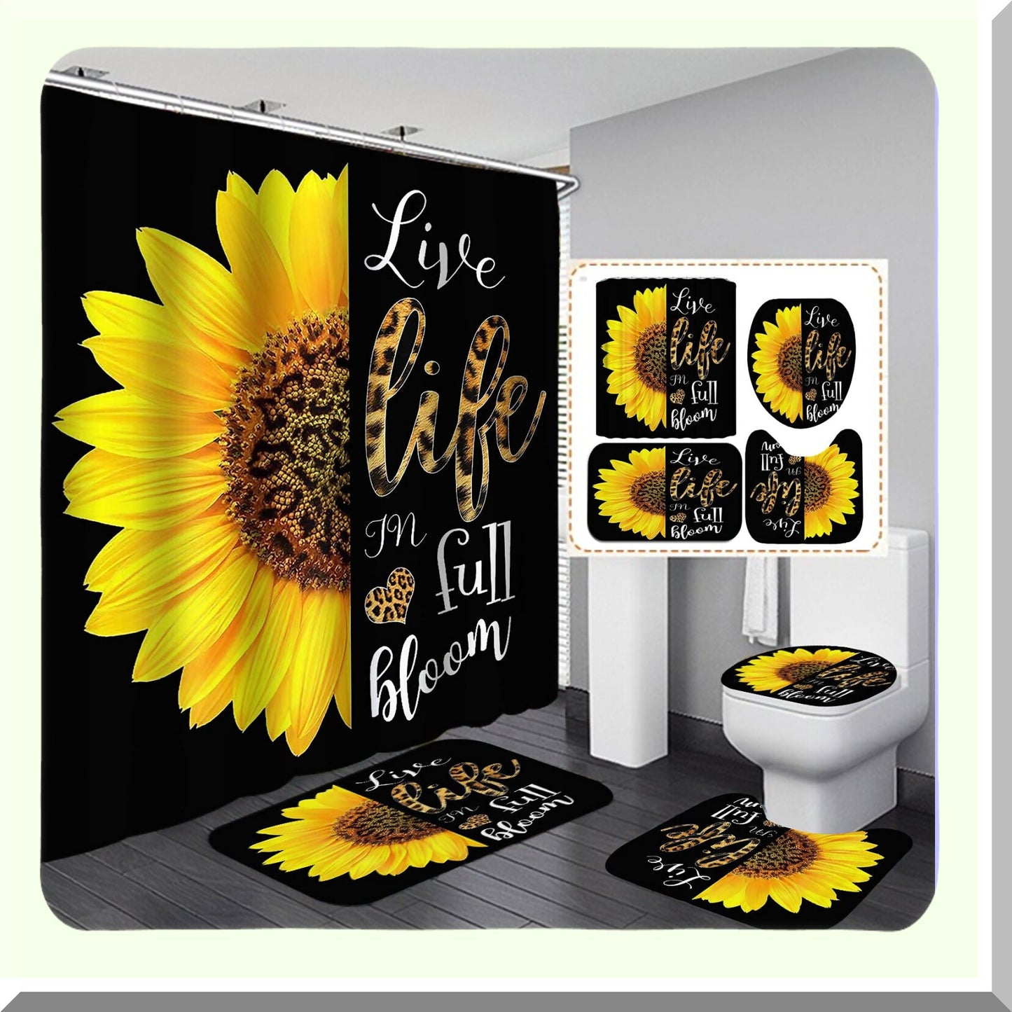 4PCS Leopard Sunflower Shower Curtain Set with Rugs