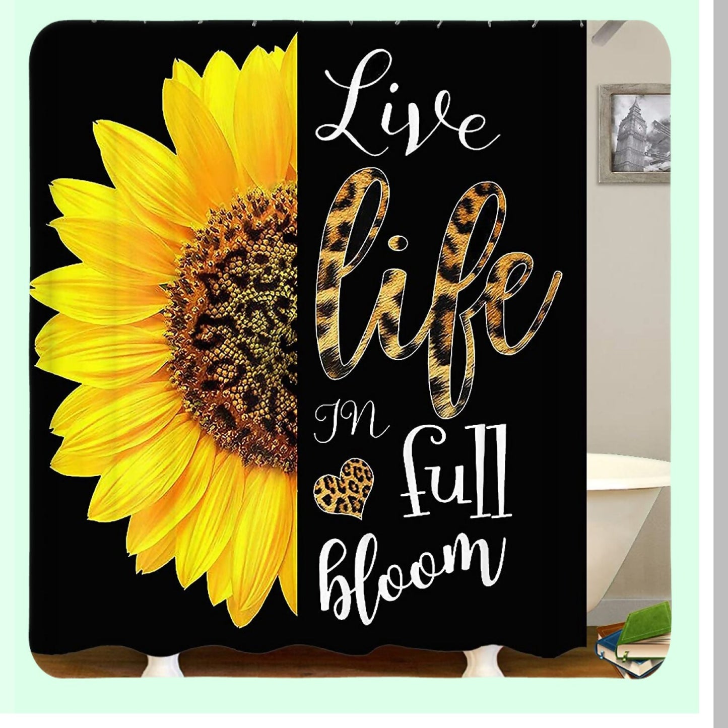 4PCS Leopard Sunflower Shower Curtain Set with Rugs