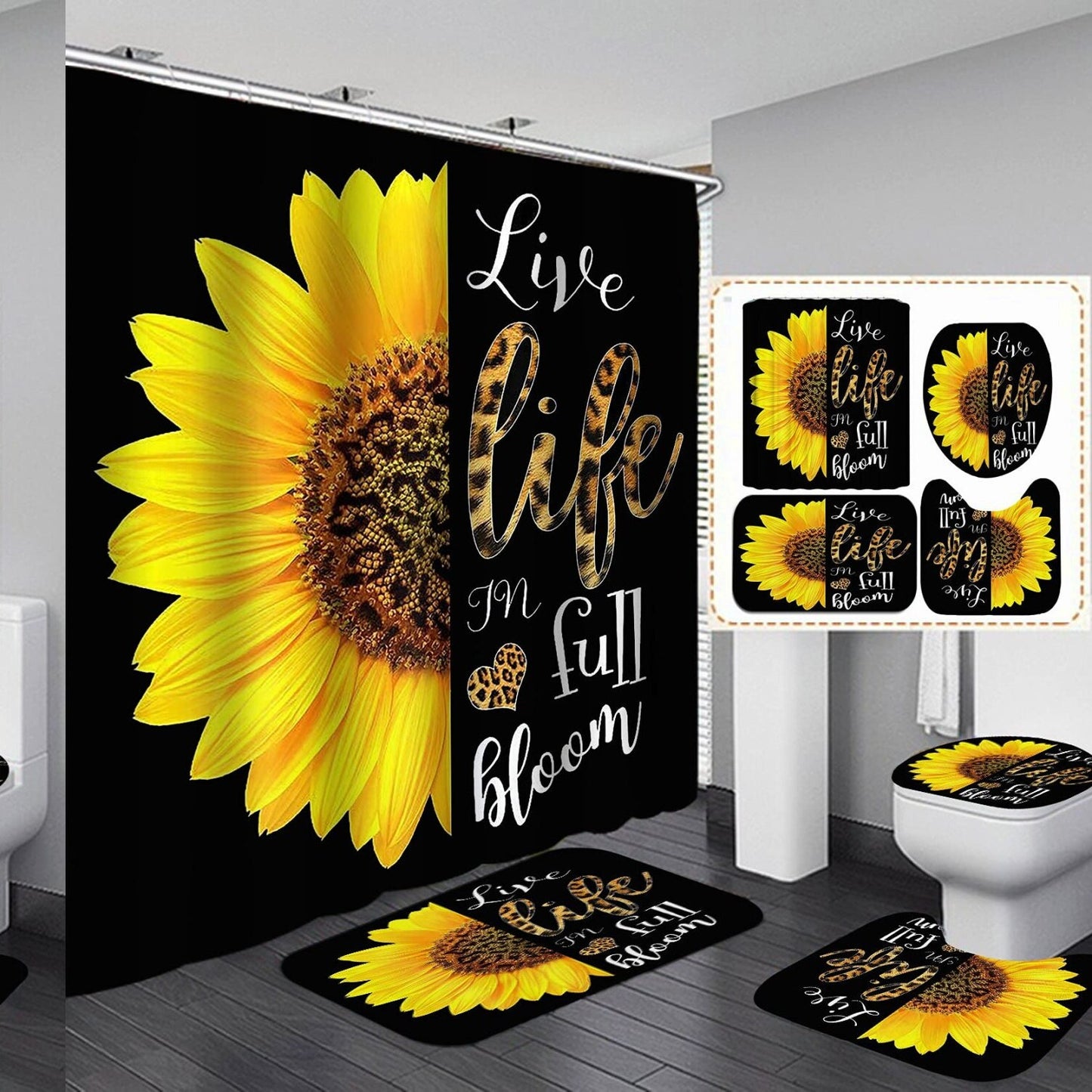 4PCS Leopard Sunflower Shower Curtain Set with Rugs