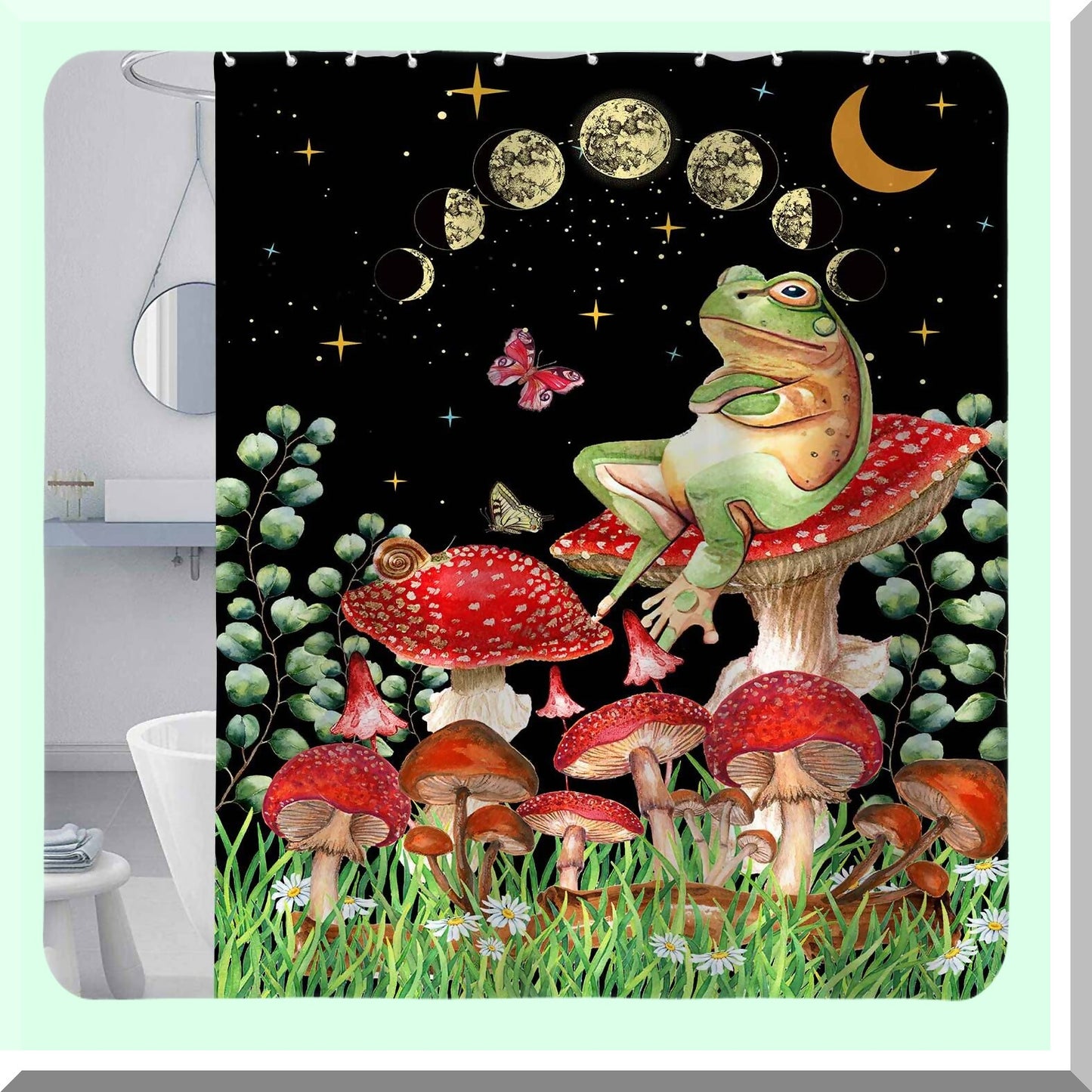Mushroom Frog Shower Curtain 69x70 with 12 Hooks