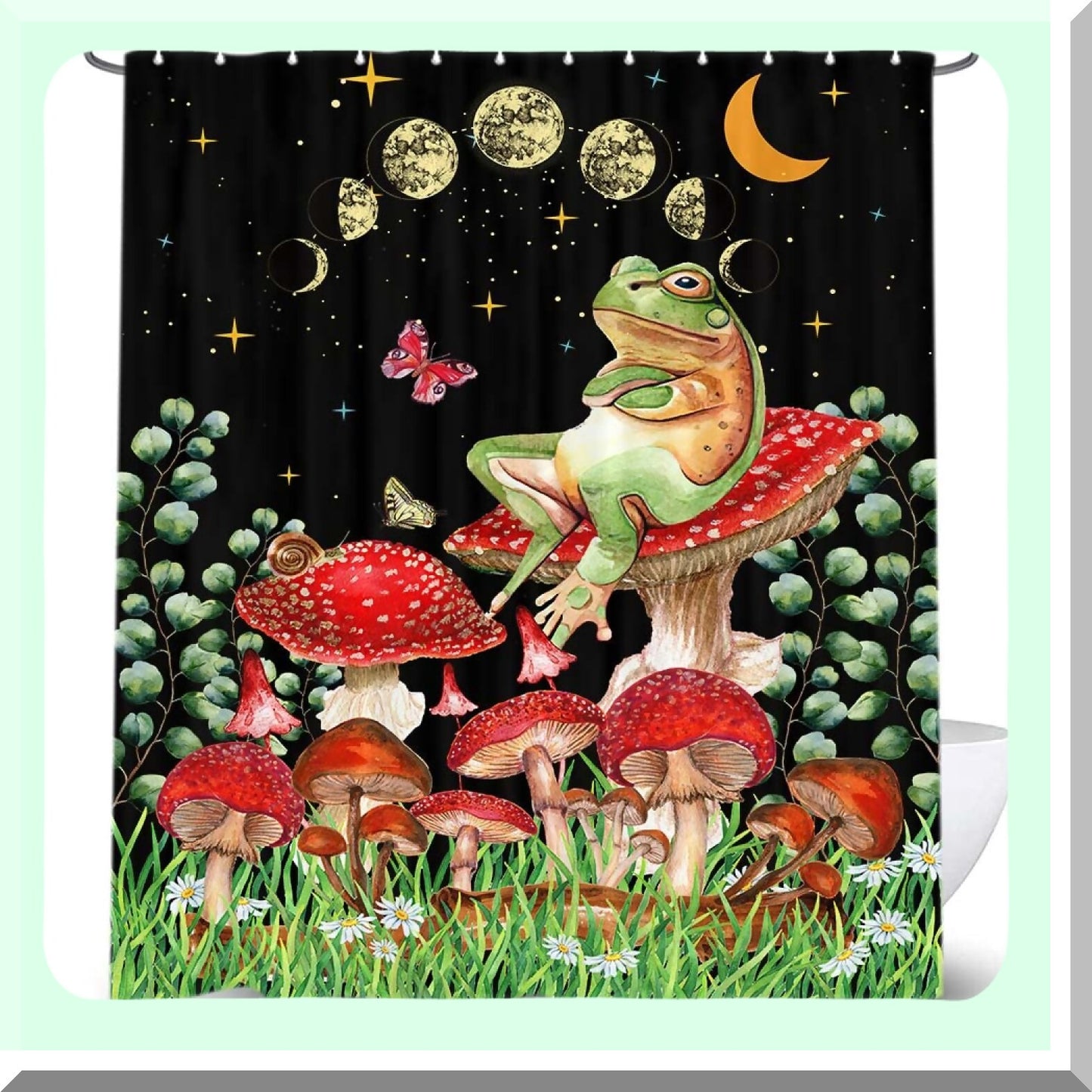 Mushroom Frog Shower Curtain 69x70 with 12 Hooks