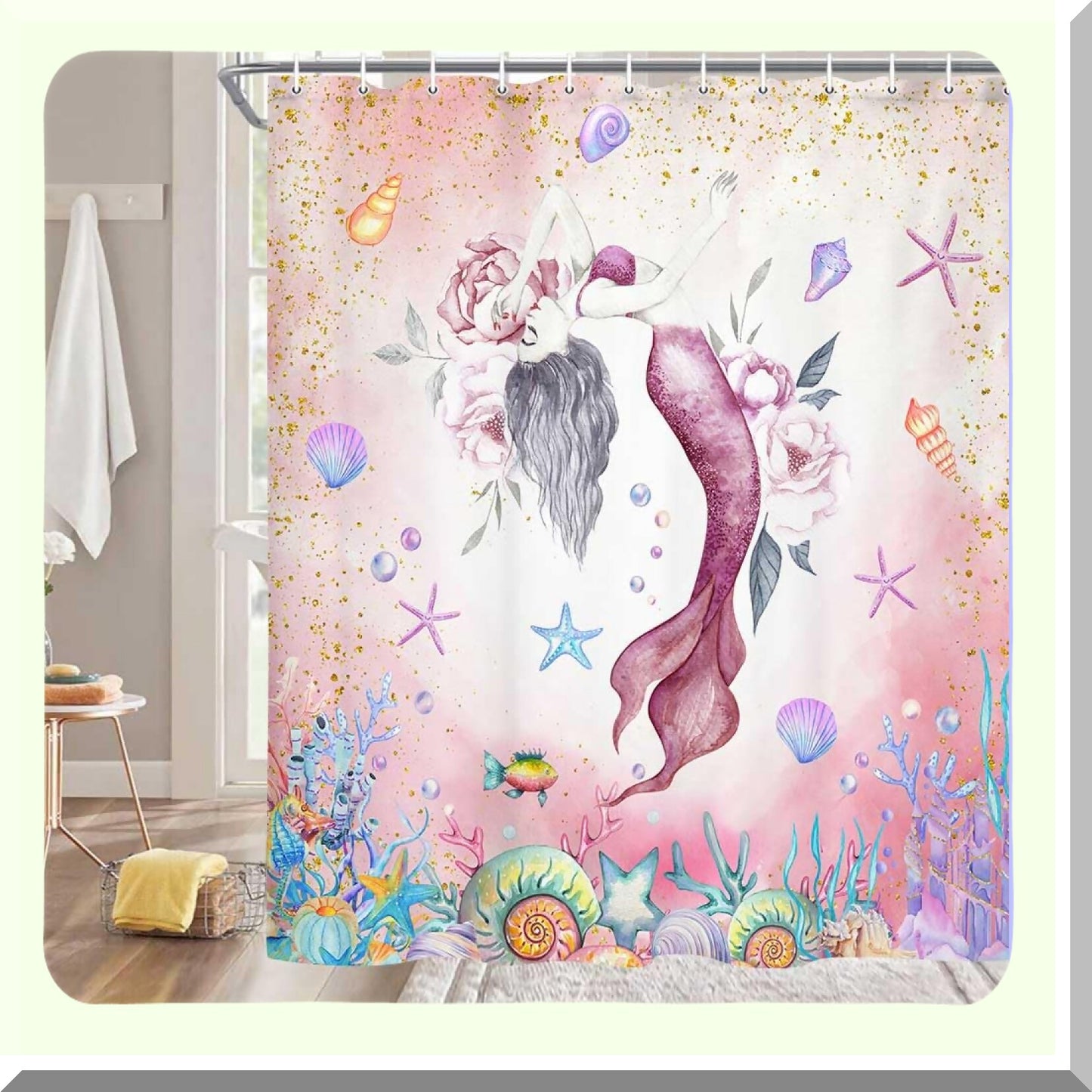 Pink Mermaid Shower Curtain 70x70in with Hooks