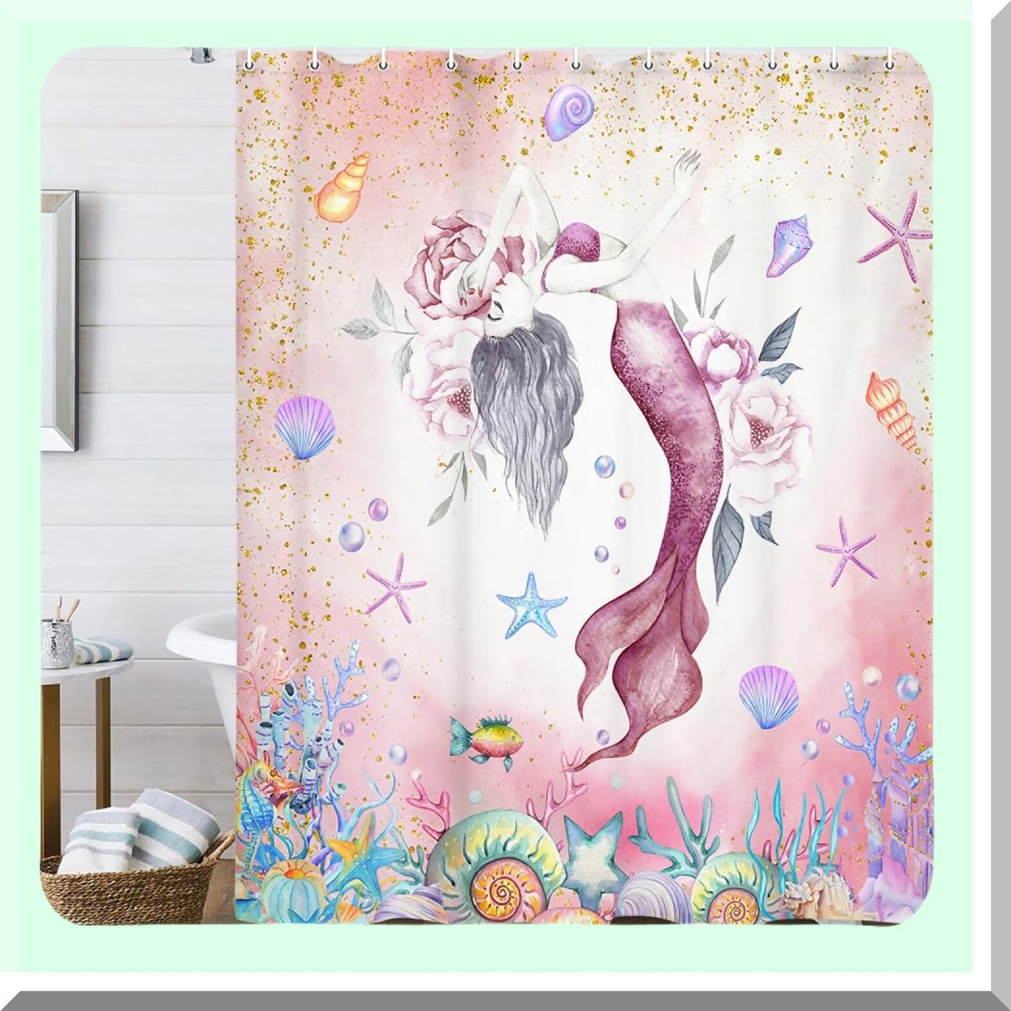 Pink Mermaid Shower Curtain 70x70in with Hooks