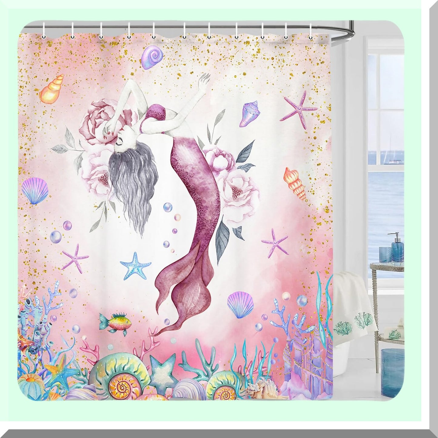 Pink Mermaid Shower Curtain 70x70in with Hooks