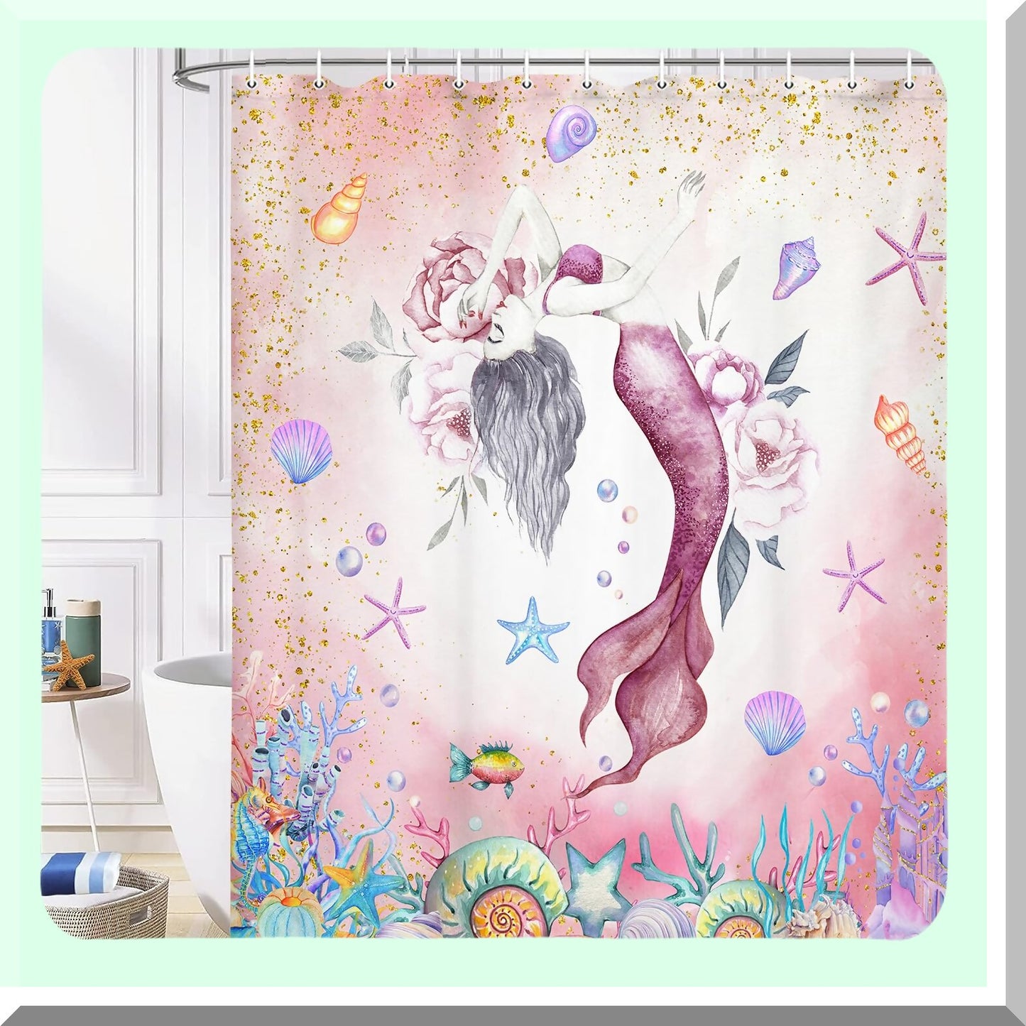 Pink Mermaid Shower Curtain 70x70in with Hooks