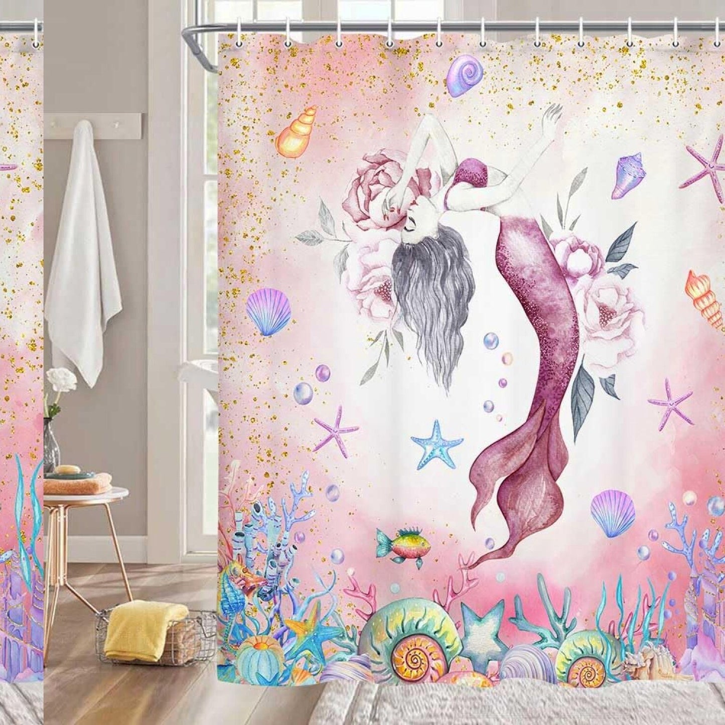 Pink Mermaid Shower Curtain 70x70in with Hooks