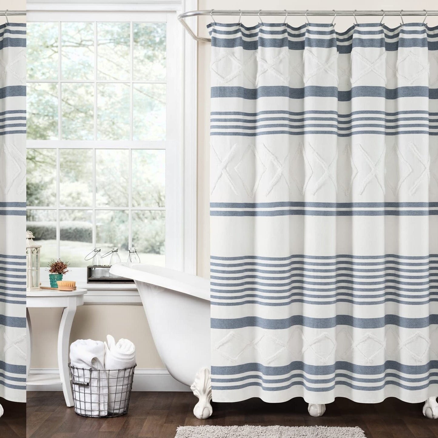 Diamond Stripe Woven Recycled Cotton Shower Curtain 72"x72" Blue