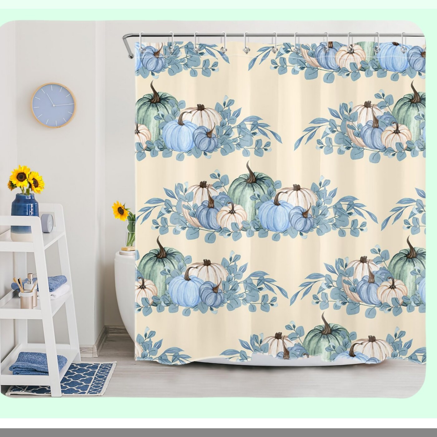 Fall Pumpkin Blue Farm Shower Curtain 69x70 Inch