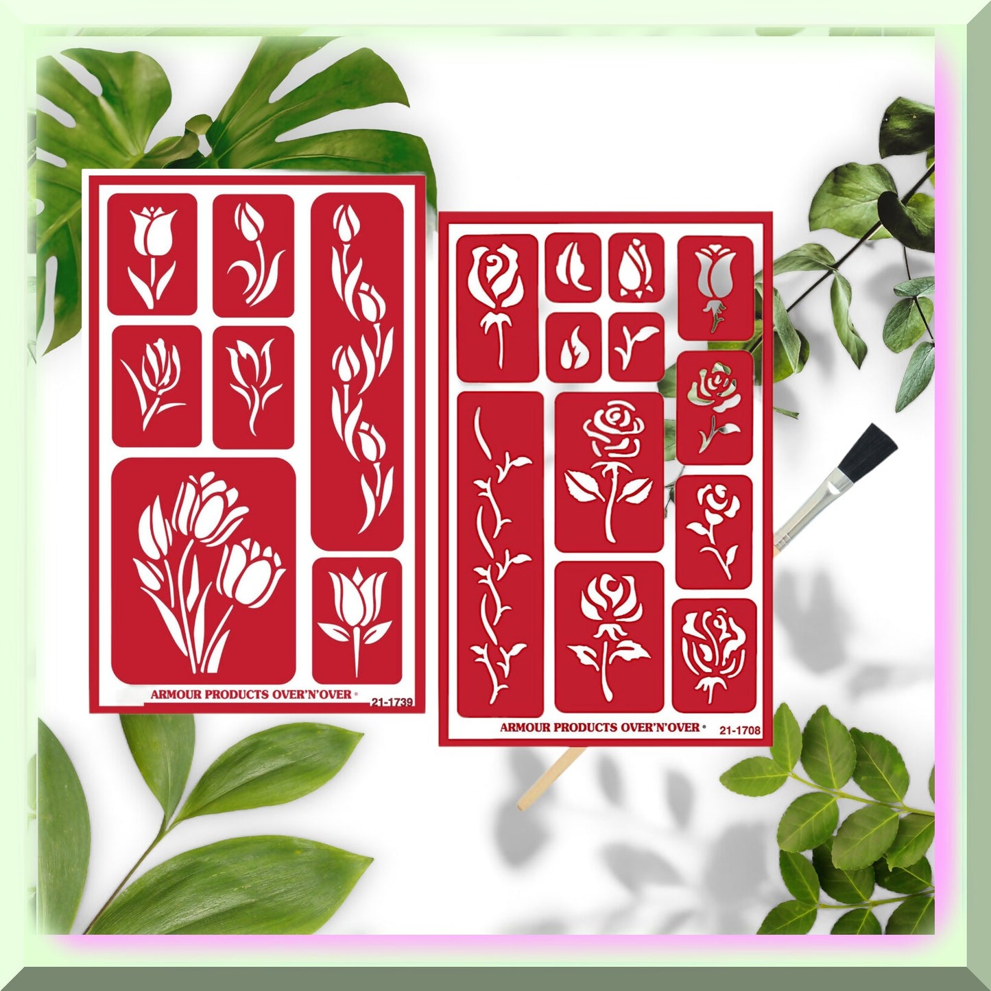 Reusable Glass Etching Template Set with Rose and Tulip Designs