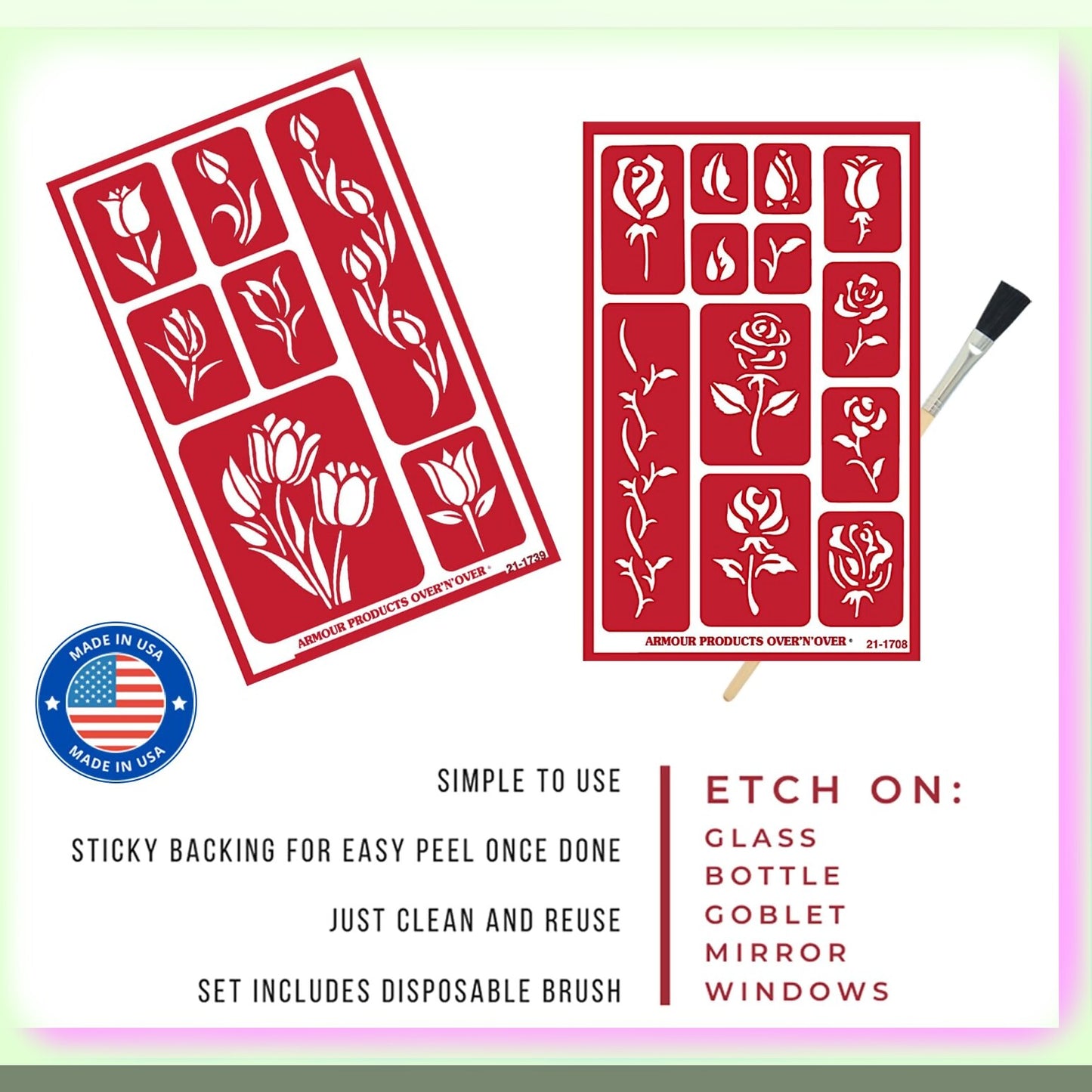 Reusable Glass Etching Template Set with Rose and Tulip Designs
