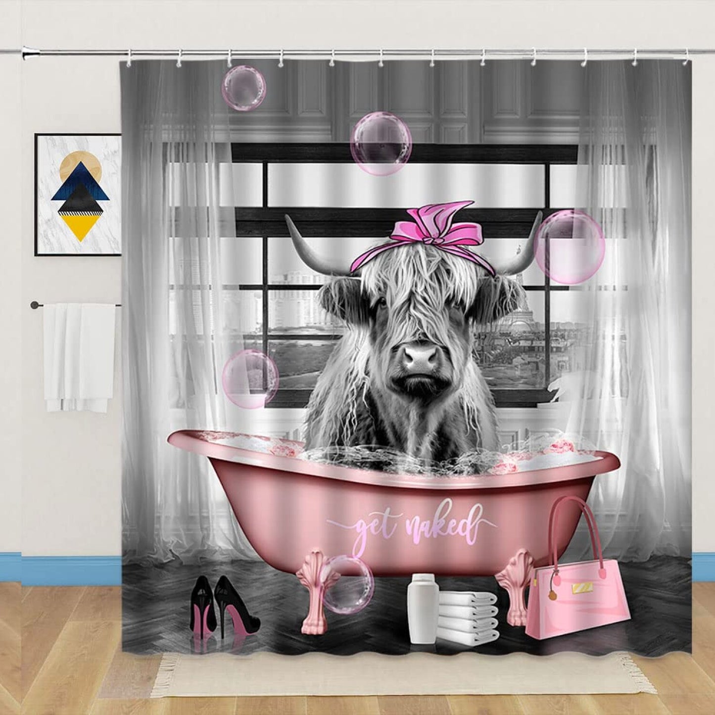 Highland Cow Shower Curtain Pink Farmhouse Fabric