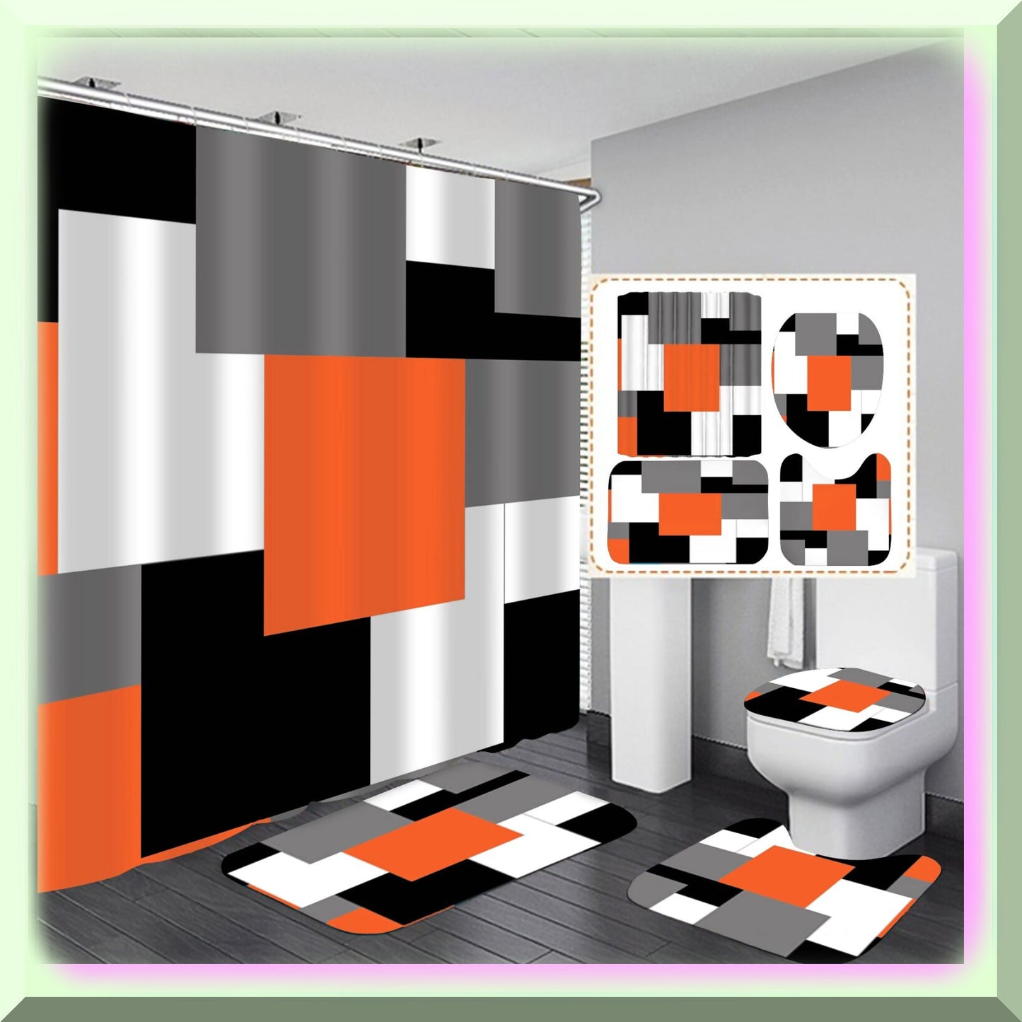 Geometric Orange Shower Curtain Set with Rugs and Accessories
