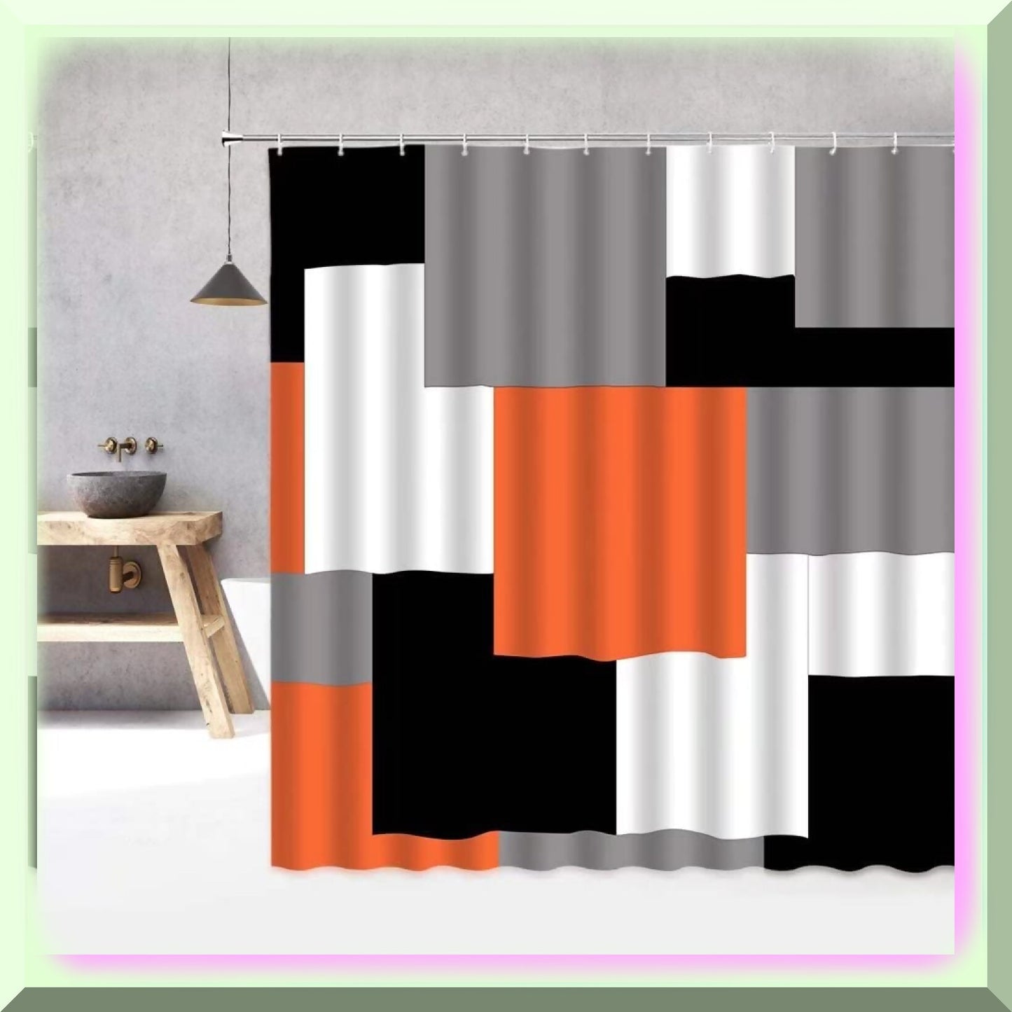 Geometric Orange Shower Curtain Set with Rugs and Accessories