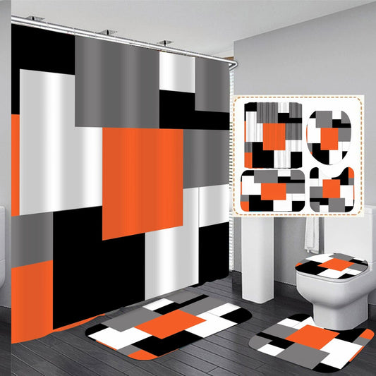 Geometric Orange Shower Curtain Set with Rugs and Accessories