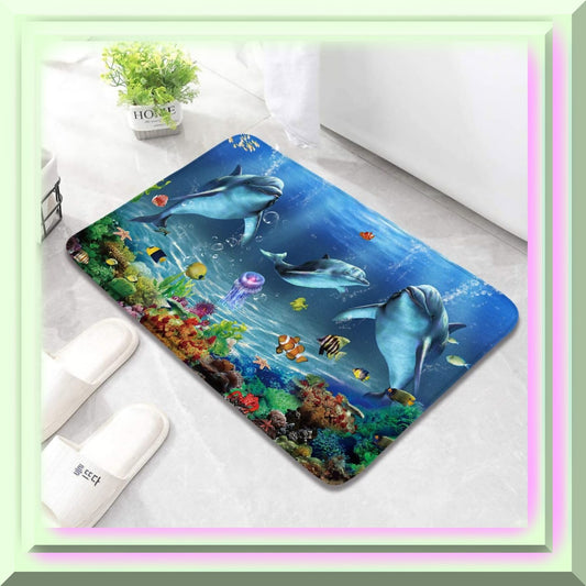 Dolphin Marine Life Cartoon Bath Mat 17.7 x 29.5 Inch