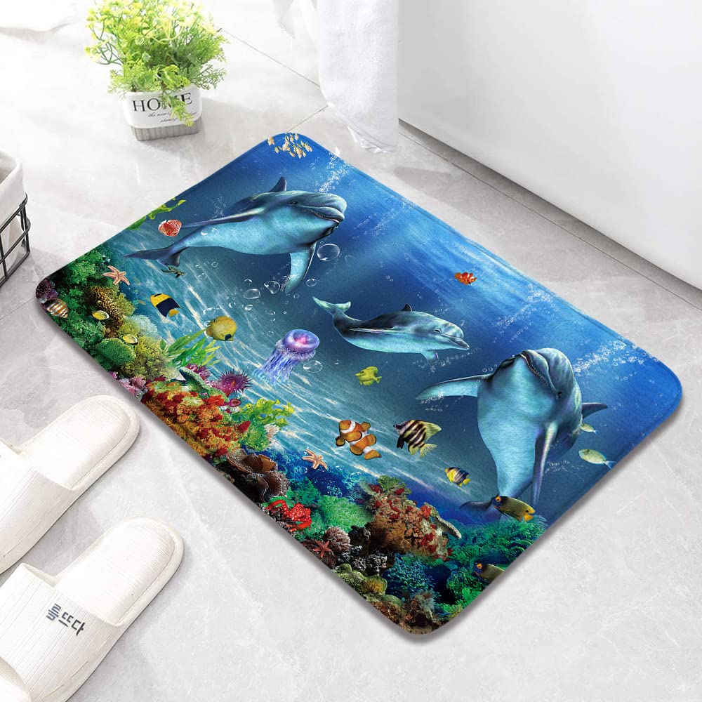 Dolphin Marine Life Cartoon Bath Mat 17.7 x 29.5 Inch